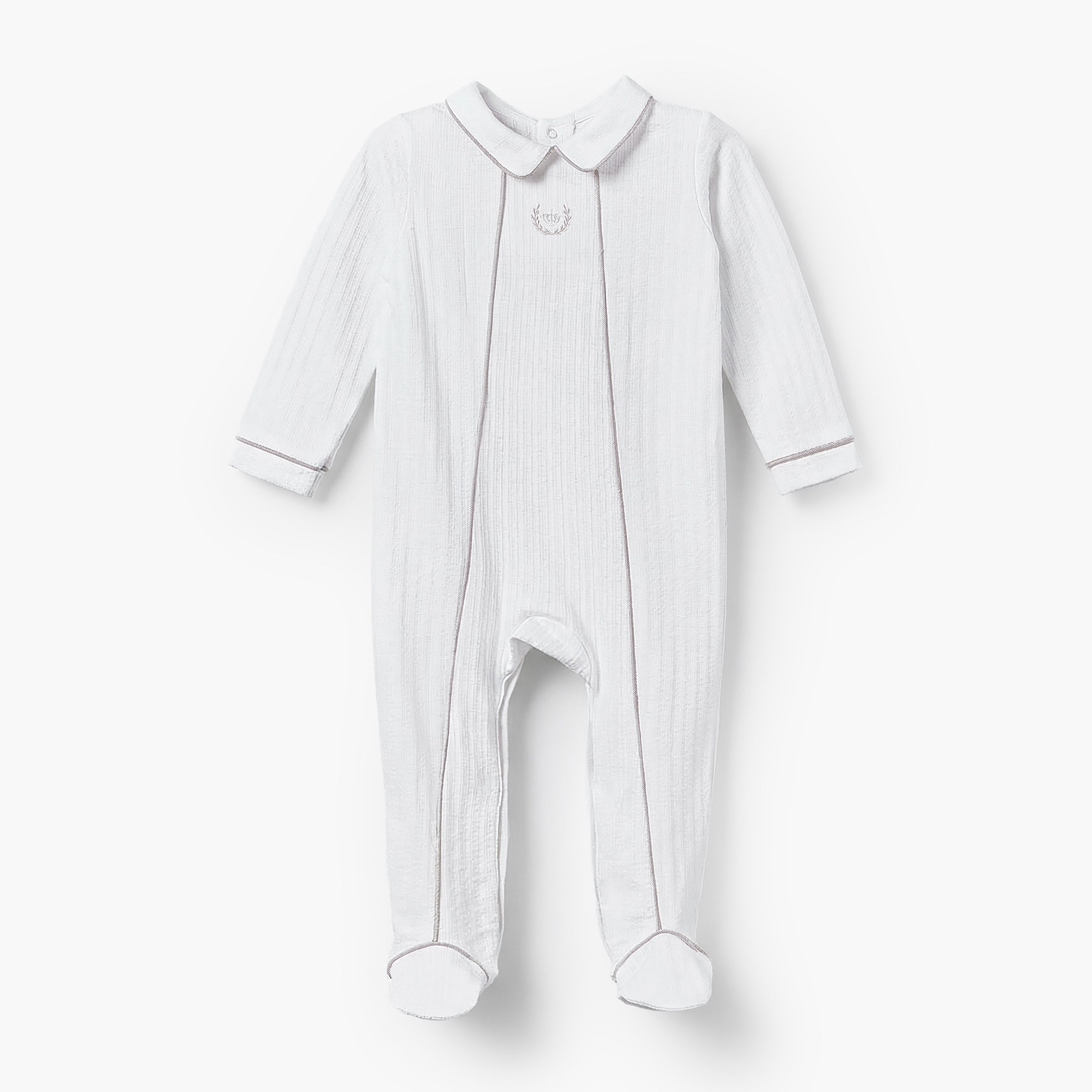Giggles Cotton Collared Long Sleeves Sleepsuit with Textured Design - White / 9-12 mths