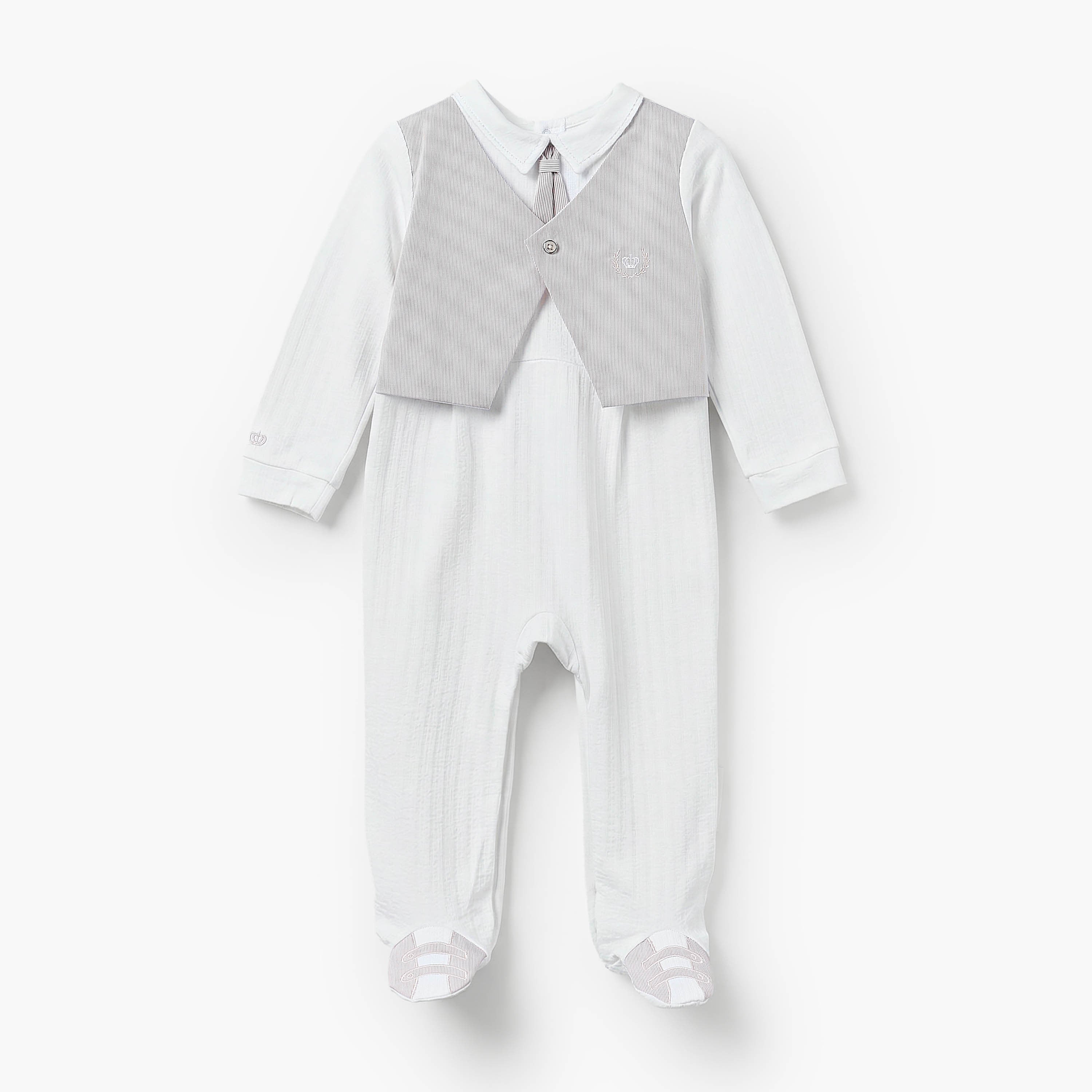 Giggles Cotton Collared Long Sleeves Sleepsuit with Waistcoat - White / 9-12 mths