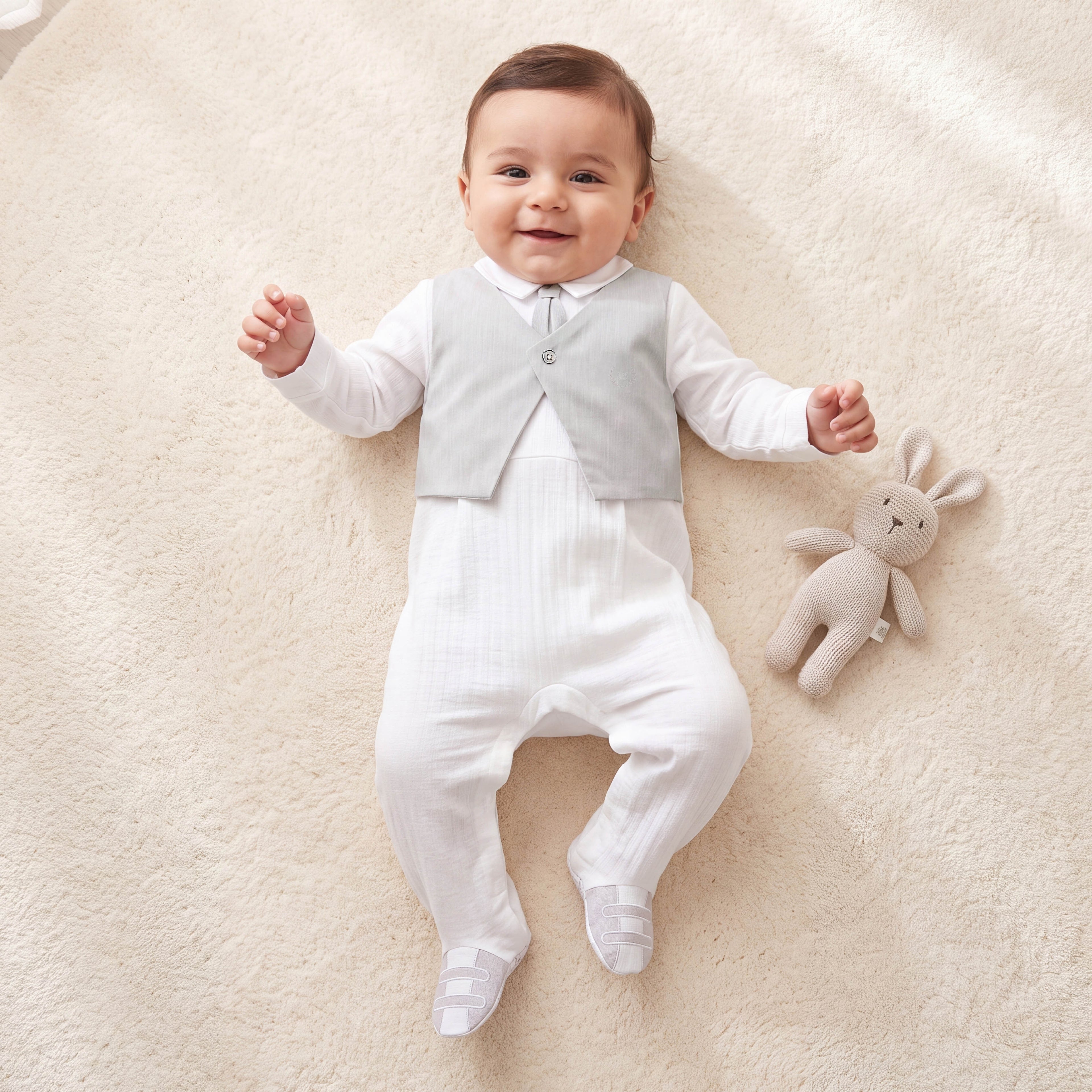 Giggles Cotton Collared Long Sleeves Sleepsuit with Waistcoat - White / 9-12 mths