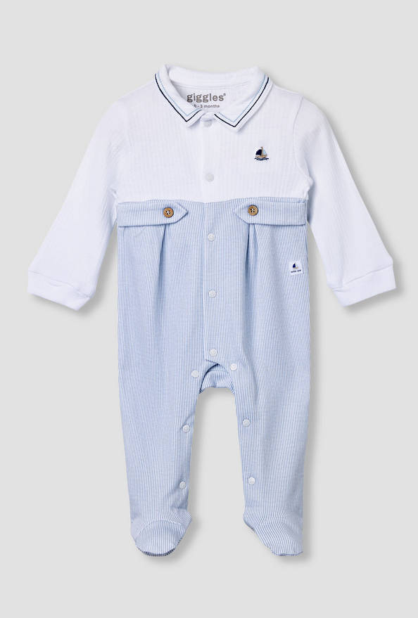 Giggles Striped Collared Sleepsuit with Long Sleeves
