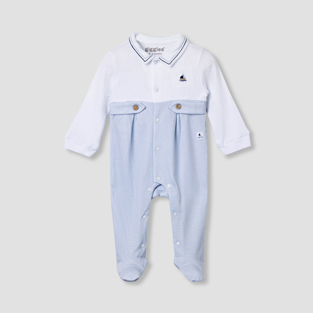 Giggles Striped Collared Sleepsuit with Long Sleeves