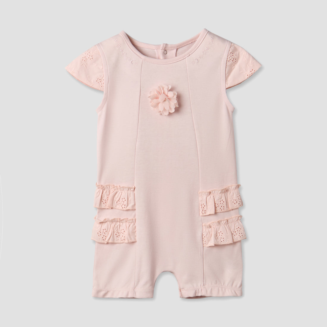 Giggles Round Neck Short Sleeves Romper with Embroidered Ruffles