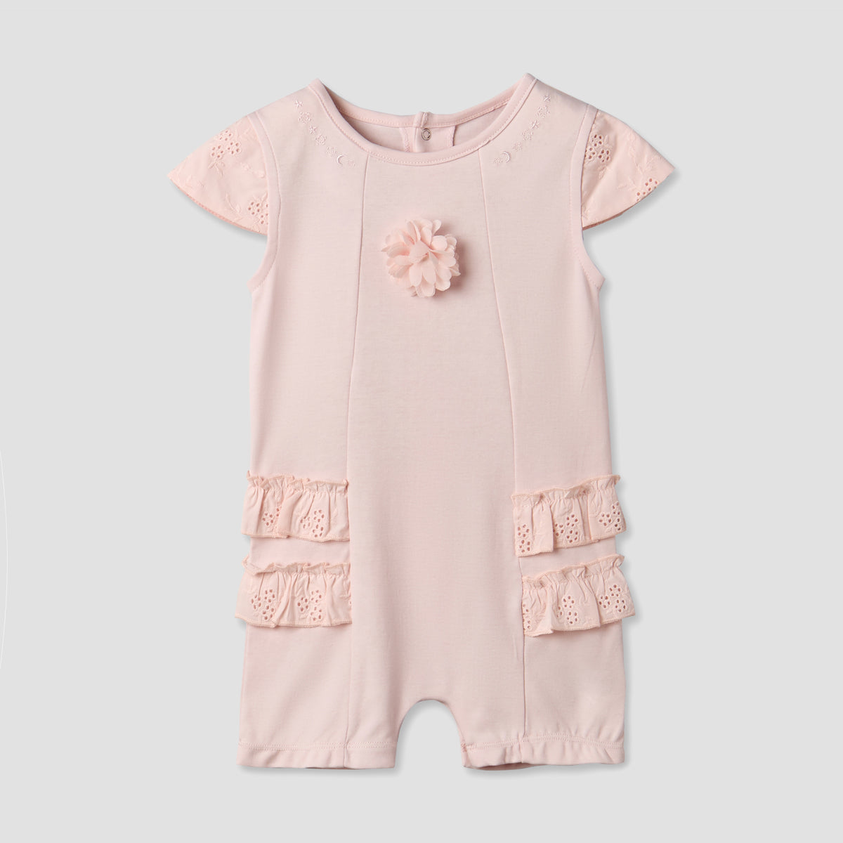 Giggles Round Neck Short Sleeves Romper with Embroidered Ruffles