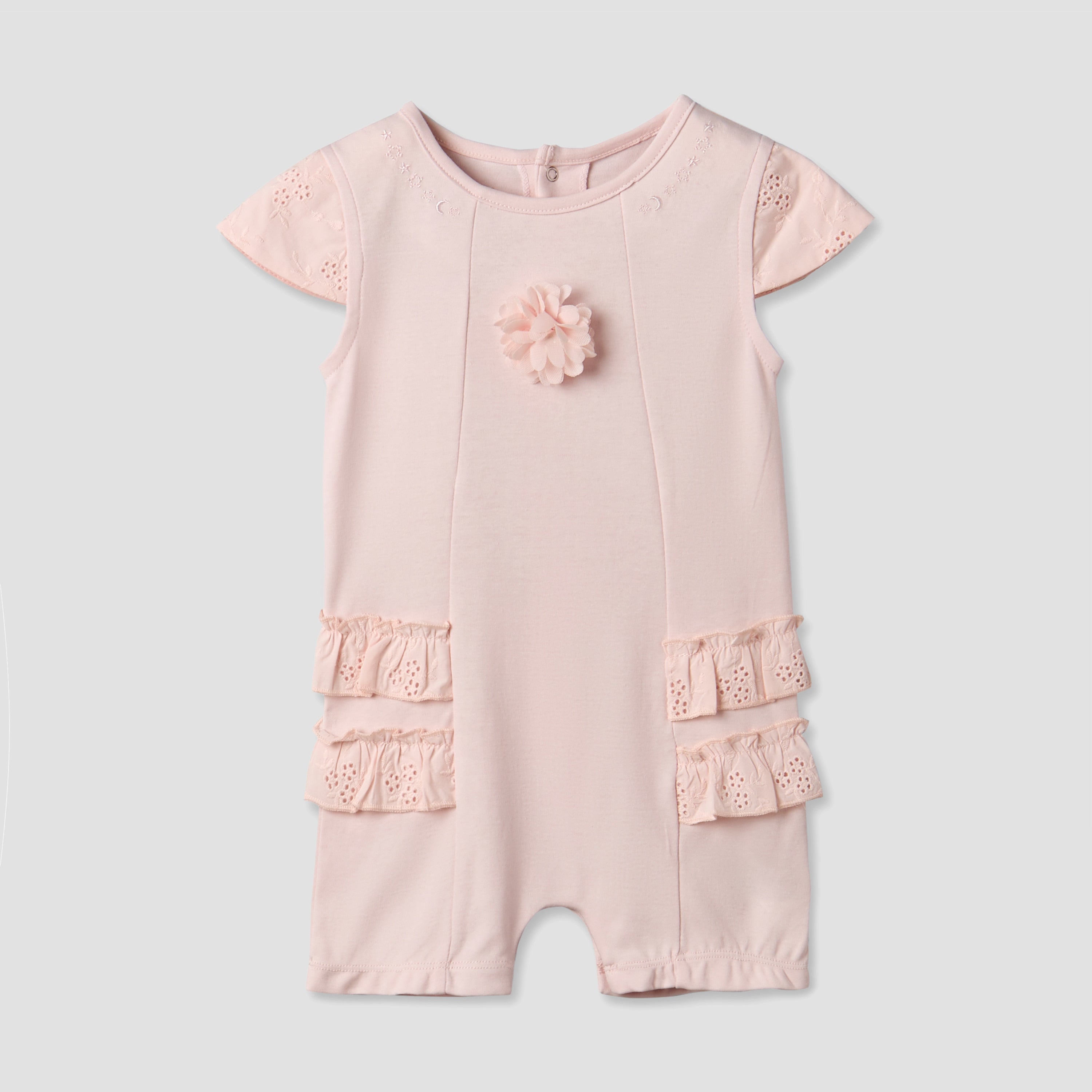 Giggles Round Neck Short Sleeves Romper with Embroidered Ruffles
