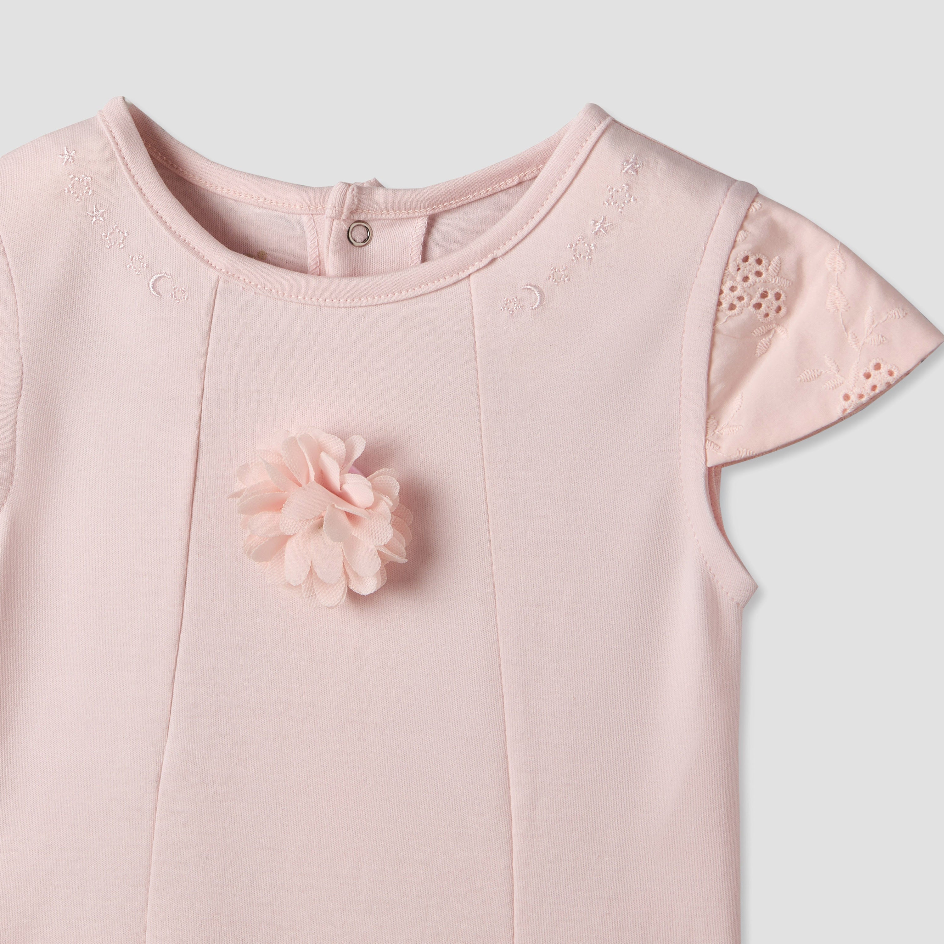 Giggles Round Neck Short Sleeves Romper with Embroidered Ruffles