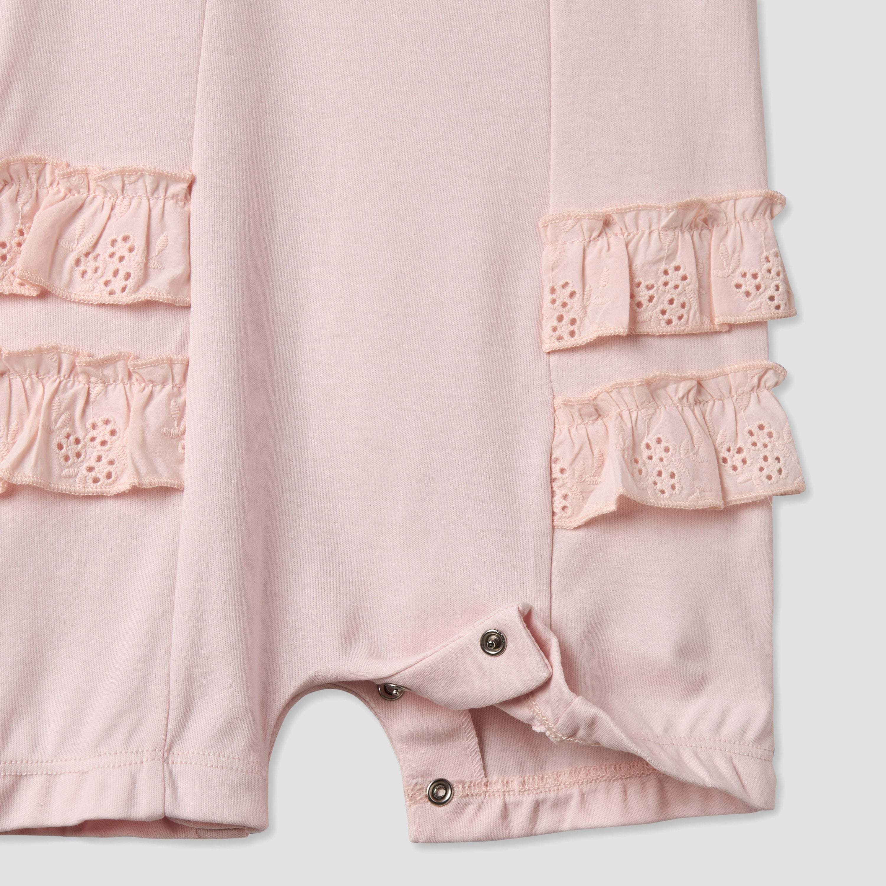 Giggles Round Neck Short Sleeves Romper with Embroidered Ruffles