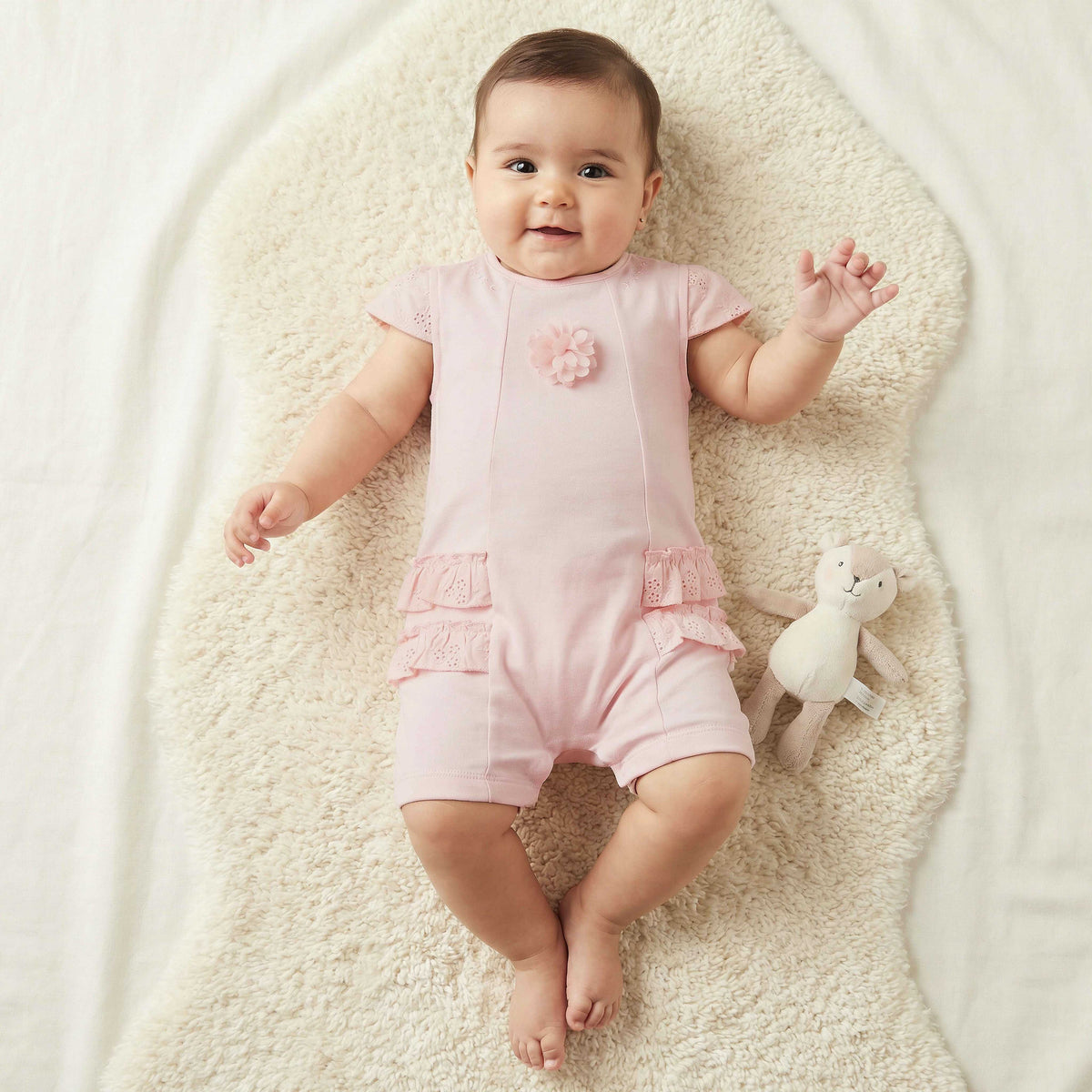 Giggles Round Neck Short Sleeves Romper with Embroidered Ruffles