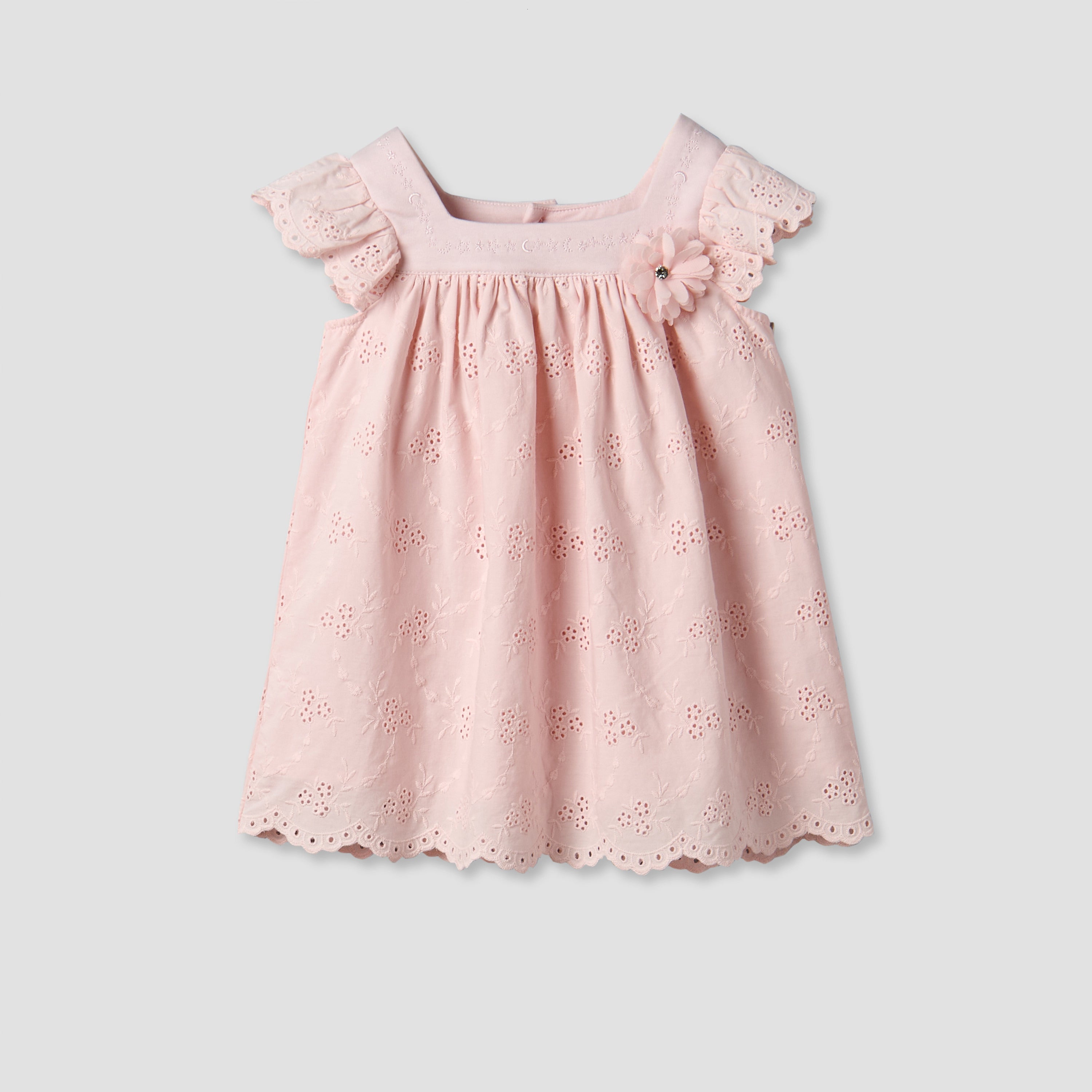 Giggles Square Neck Short Sleeve Dress with Embroidery - White / 12-18 mths