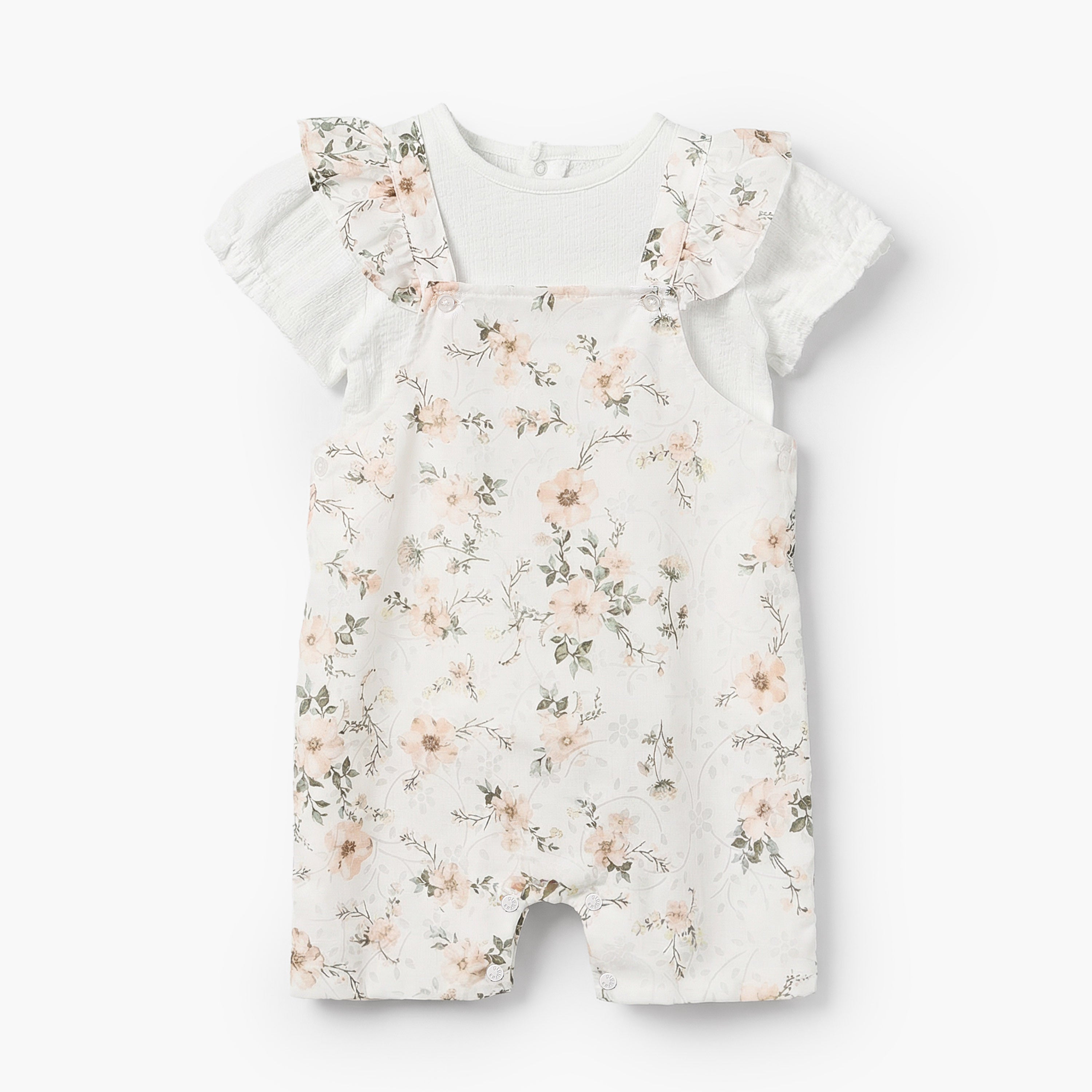 Giggles Round Neck Short Sleeves T-shirt and Dungaree Set with Floral Print - White / 12-18 mths