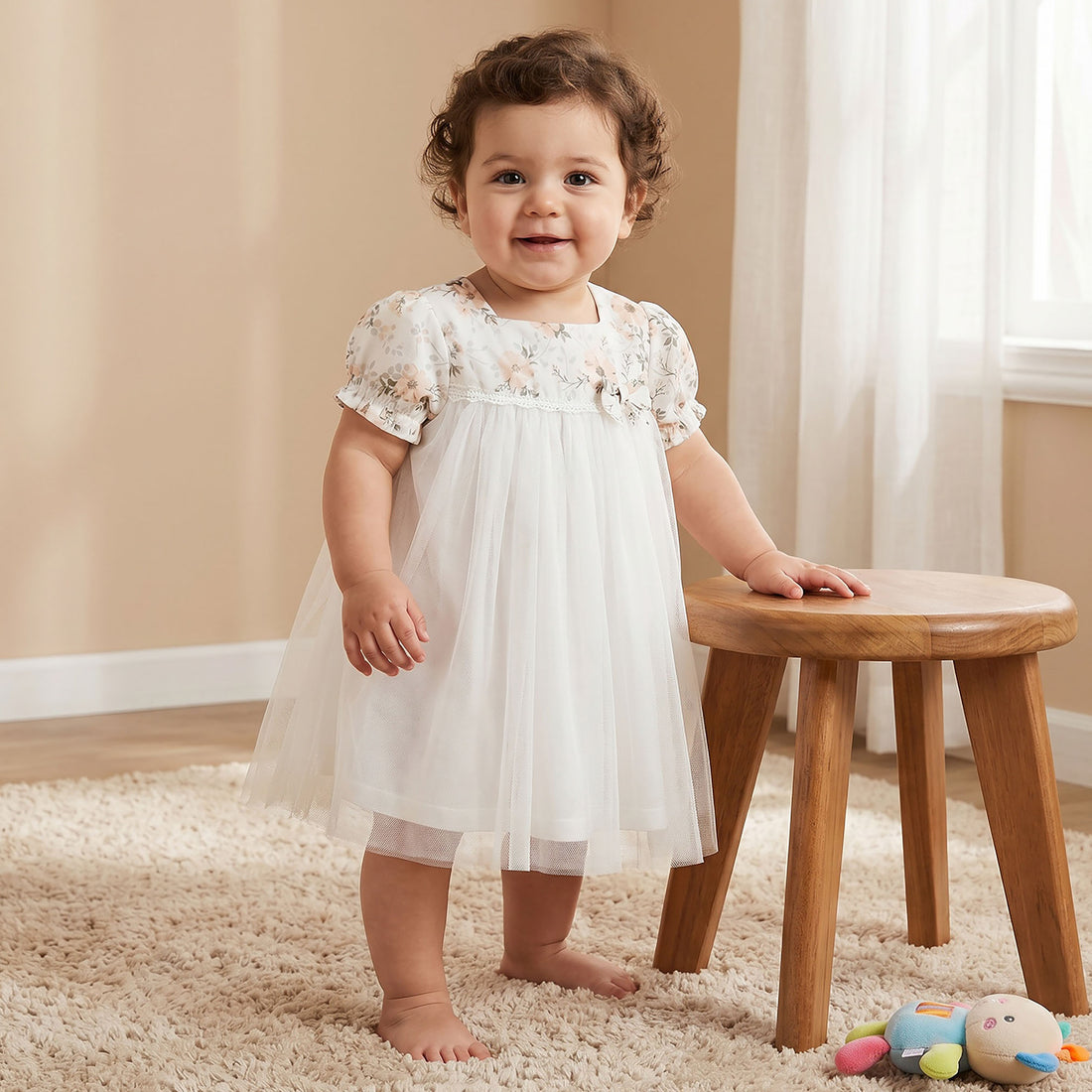Giggles Square Neck Short Sleeves A-line Dress with Floral Print - White / 12-18 mths