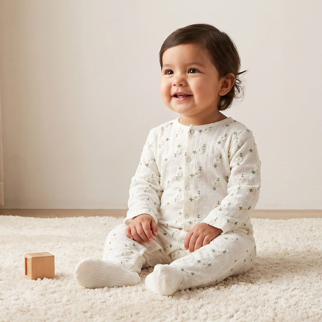 Giggles Cotton Crew Neck Long Sleeves Sleepsuit with Floral Embroidery - White / 9-12 mths