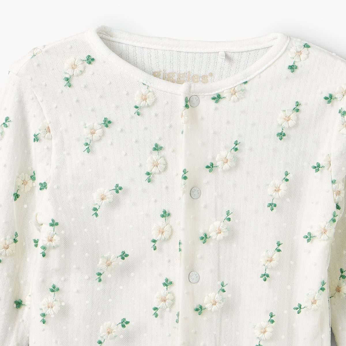 Giggles Cotton Crew Neck Long Sleeves Sleepsuit with Floral Embroidery