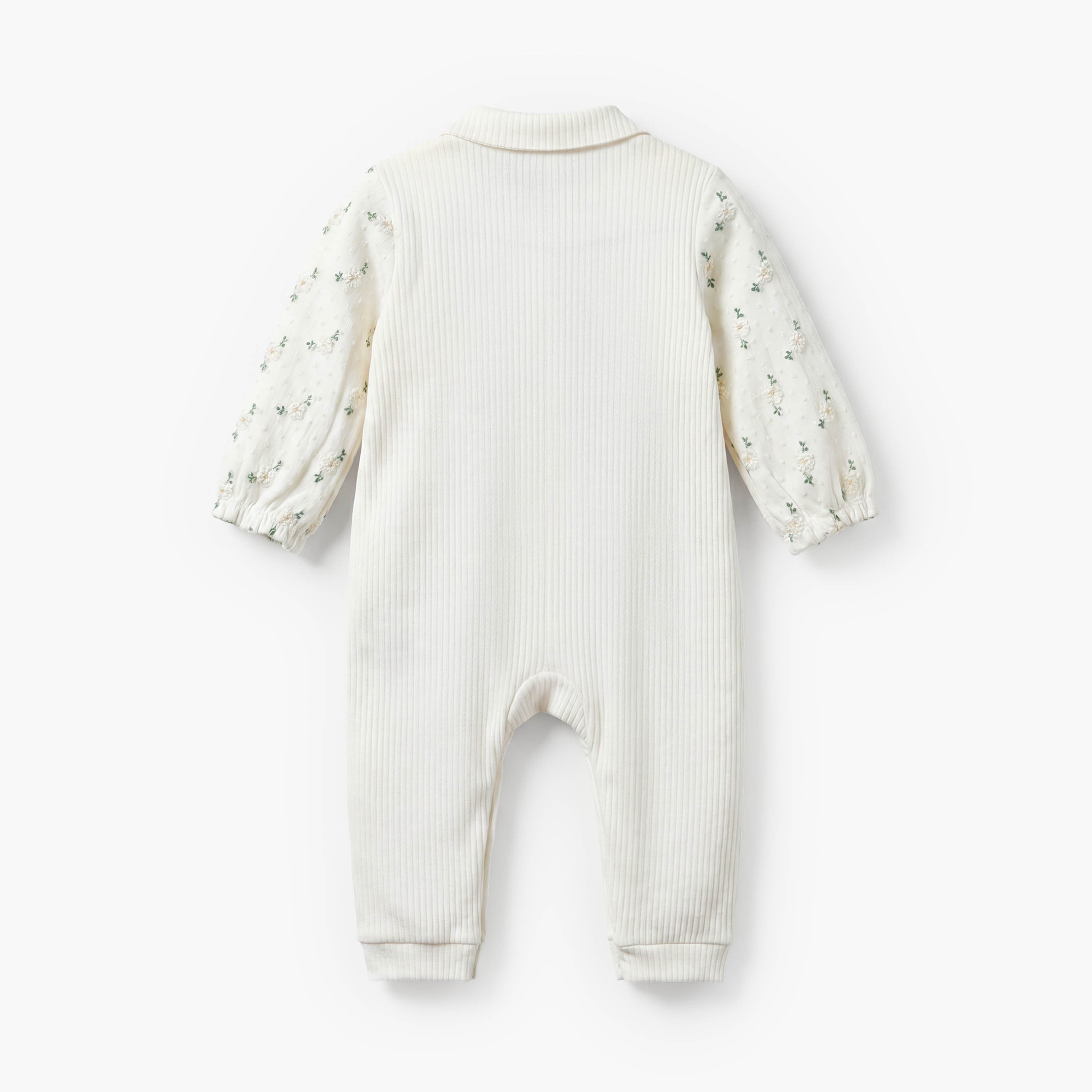 Giggles Cotton Collared Long Sleeves Sleepsuit with Floral Embroidery