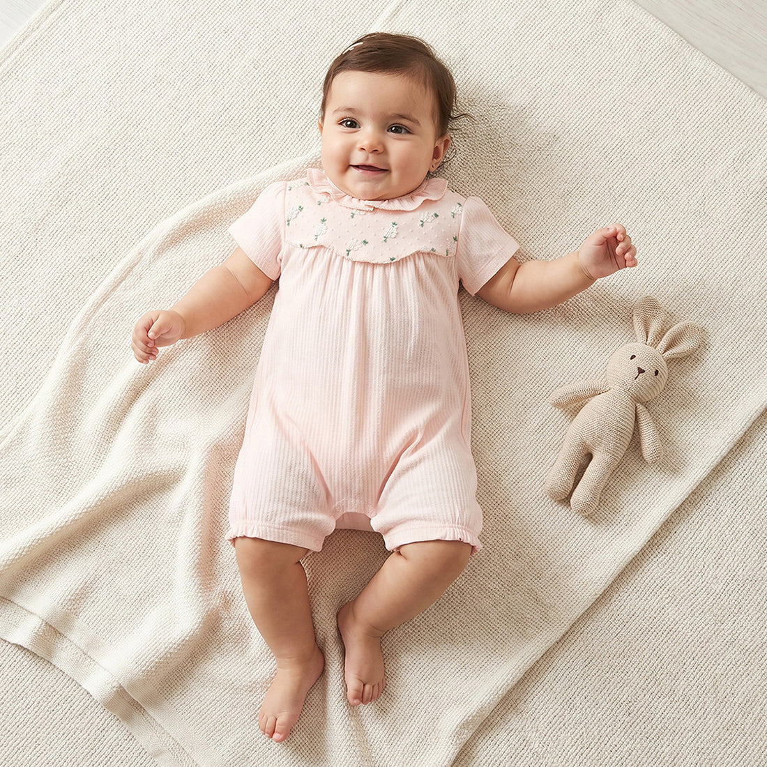 Giggles Round Neck Short Sleeves Romper with Snap Button Closure