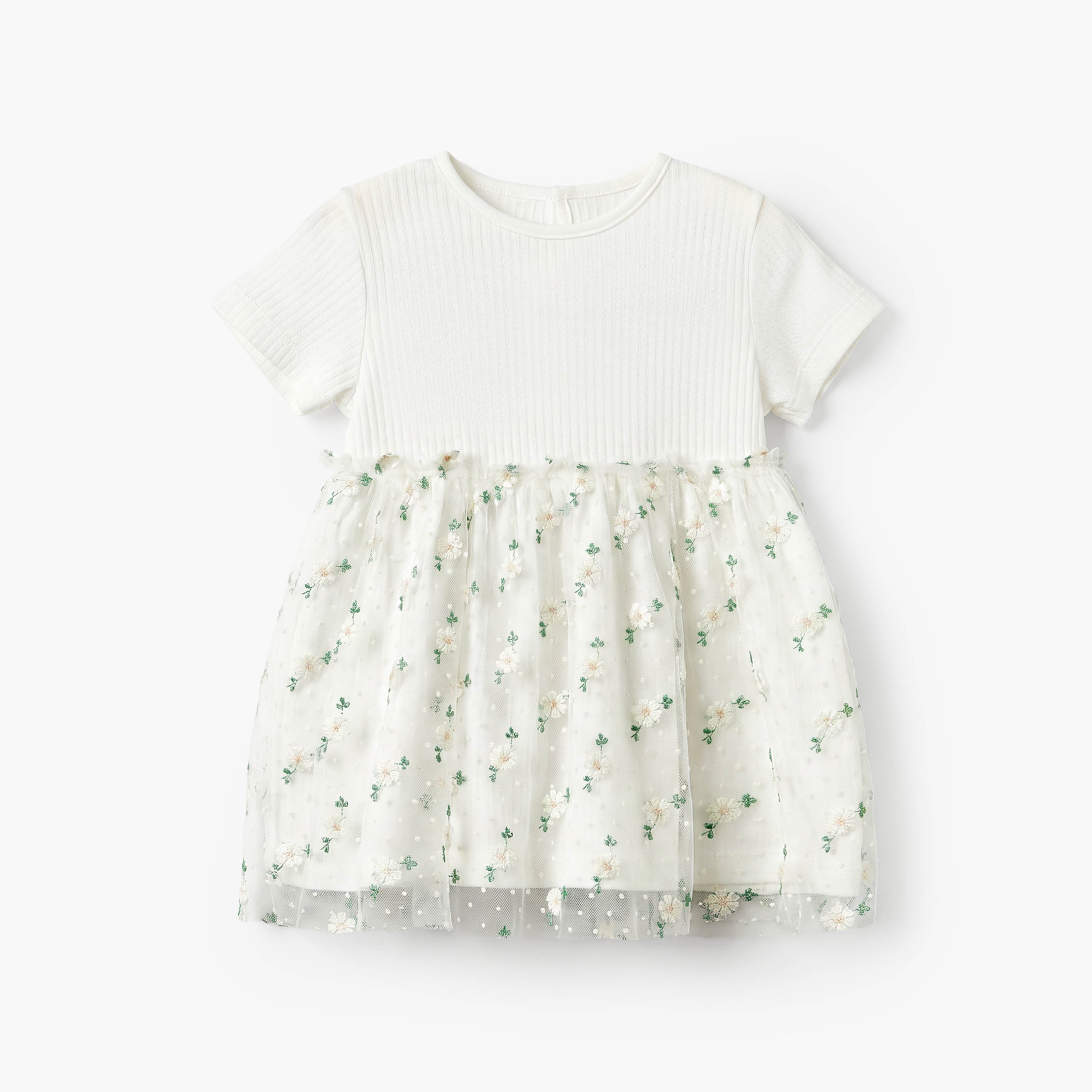 Giggles Round Neck Short Sleeves Knee Length A-line Dress with Floral Embroidery - White / 12-18 mths