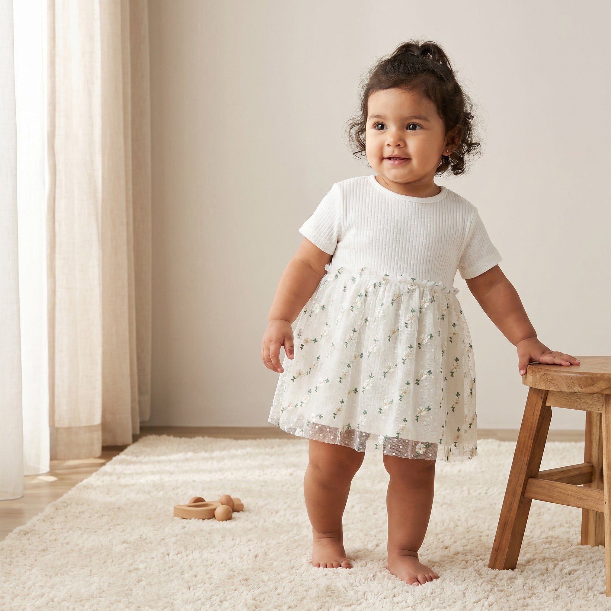 Giggles Round Neck Short Sleeves Knee Length A-line Dress with Floral Embroidery - White / 12-18 mths