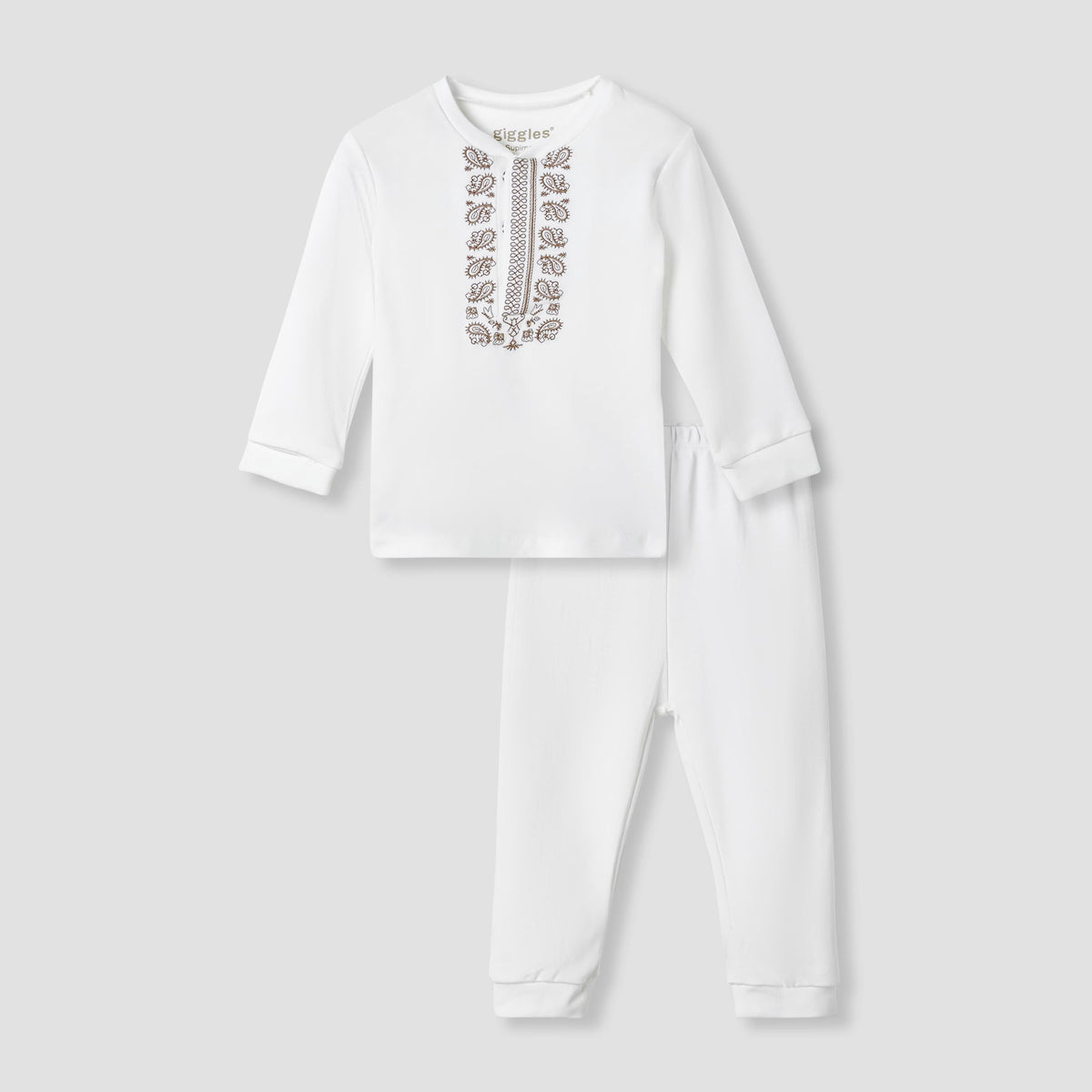 Giggles Pyjama Set with Embroidery Detail - Supima Cotton - Long Sleeves - Henley Neck