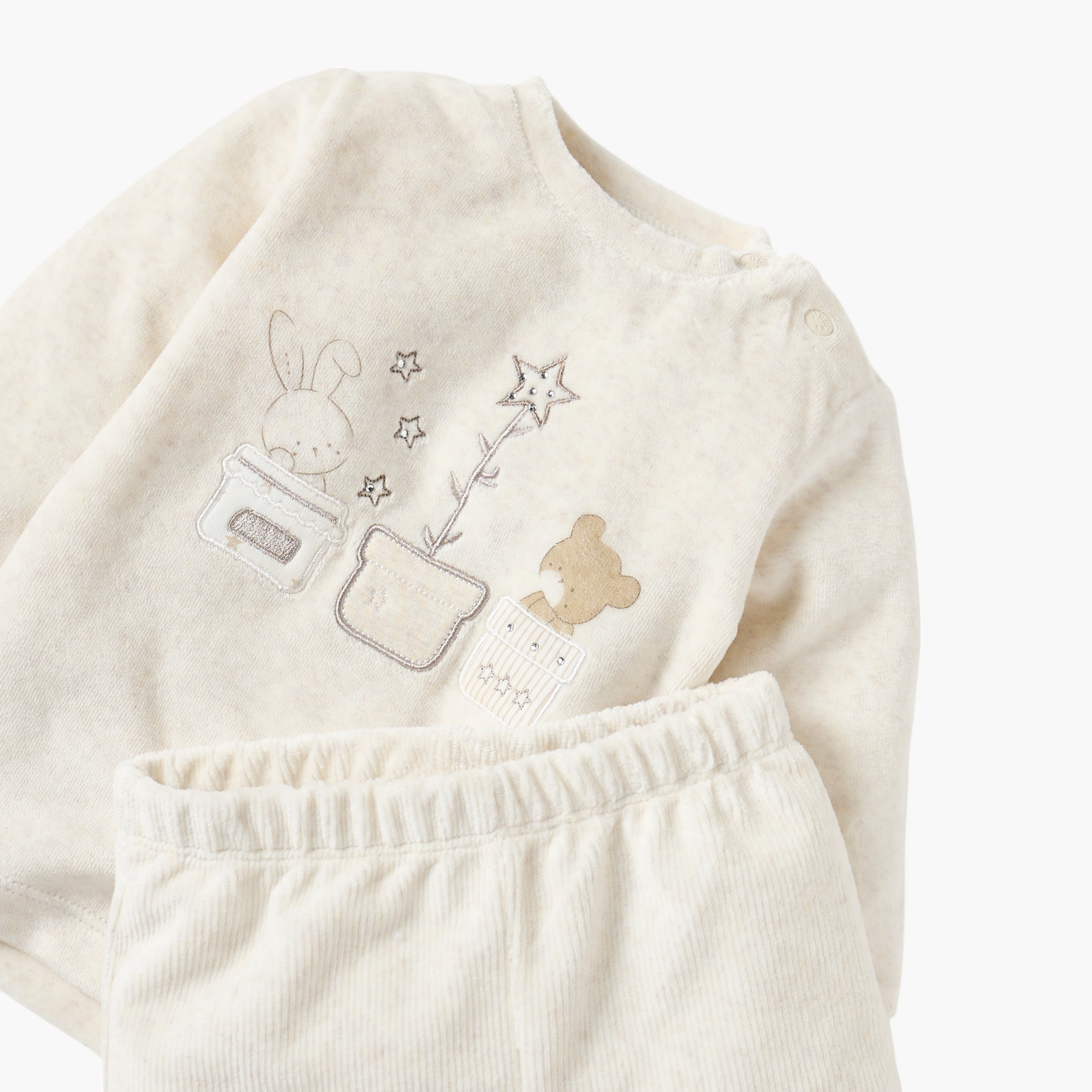 Giggles Embroidered Long Sleeves Velour T-shirt and Pyjama Set