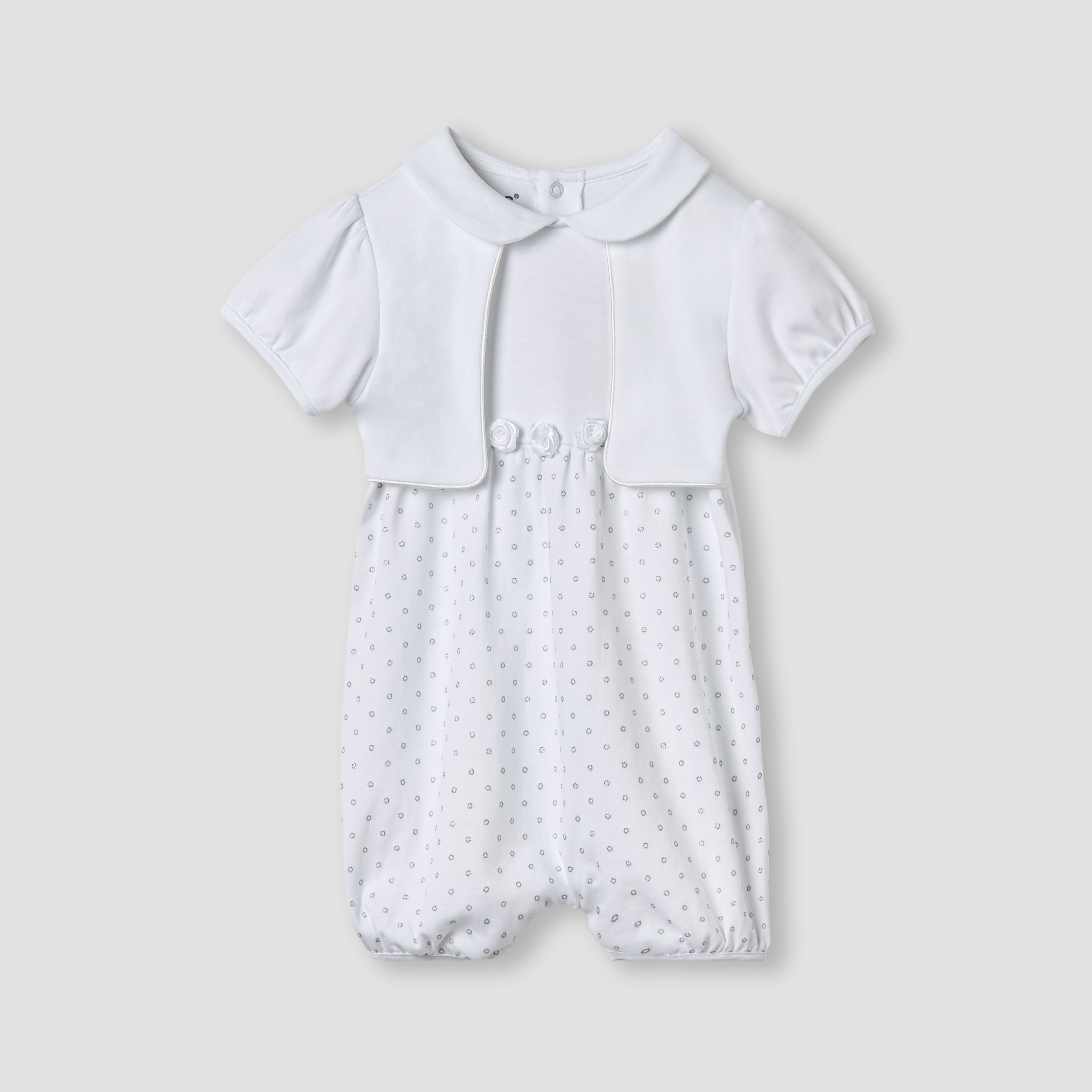 Giggles Printed Romper with Overlay and Short Sleeves - White / 12-18 mths