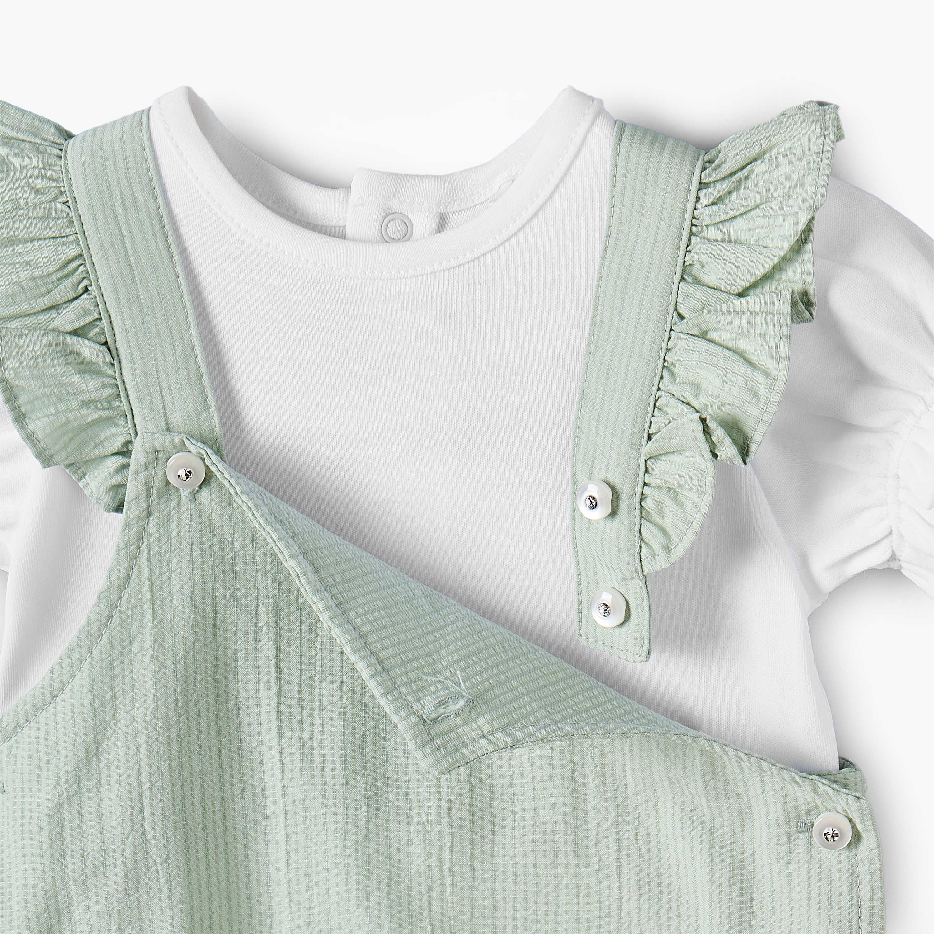 Giggles Crew Neck Short Sleeves T-shirt and Dungaree Set with Ruffle Detail