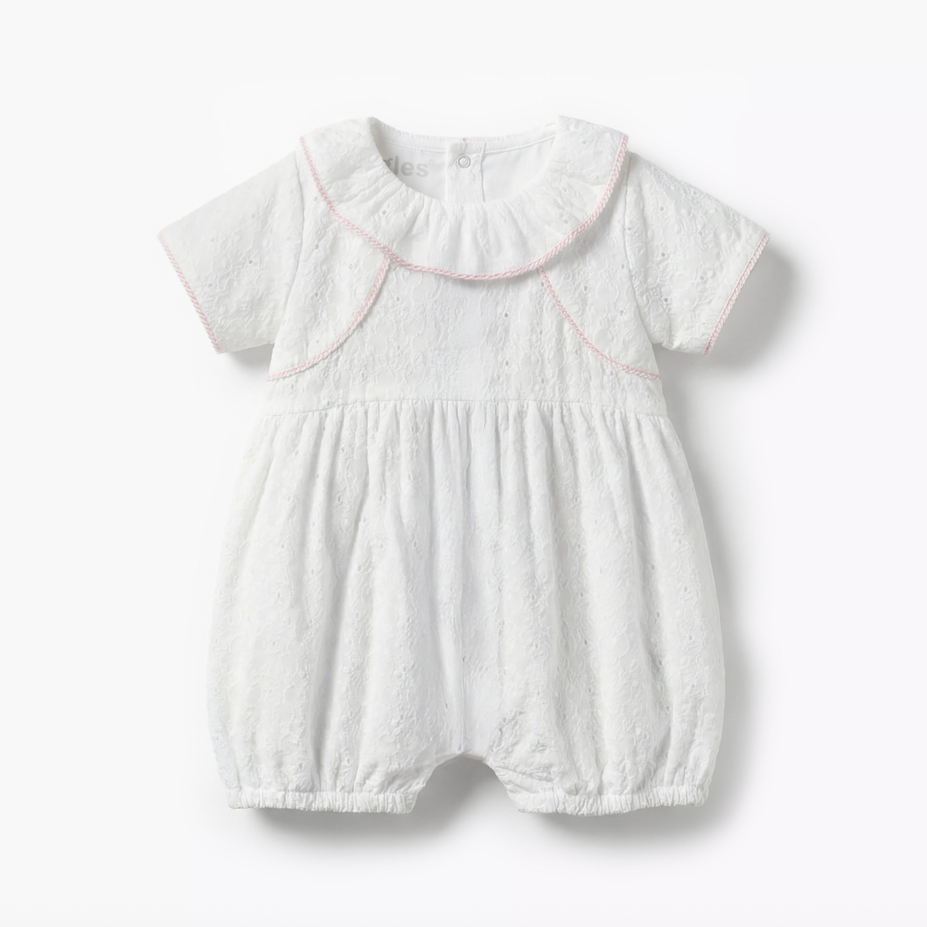 Giggles Ruffle Collar Short Sleeves Romper with Embroidery Detail