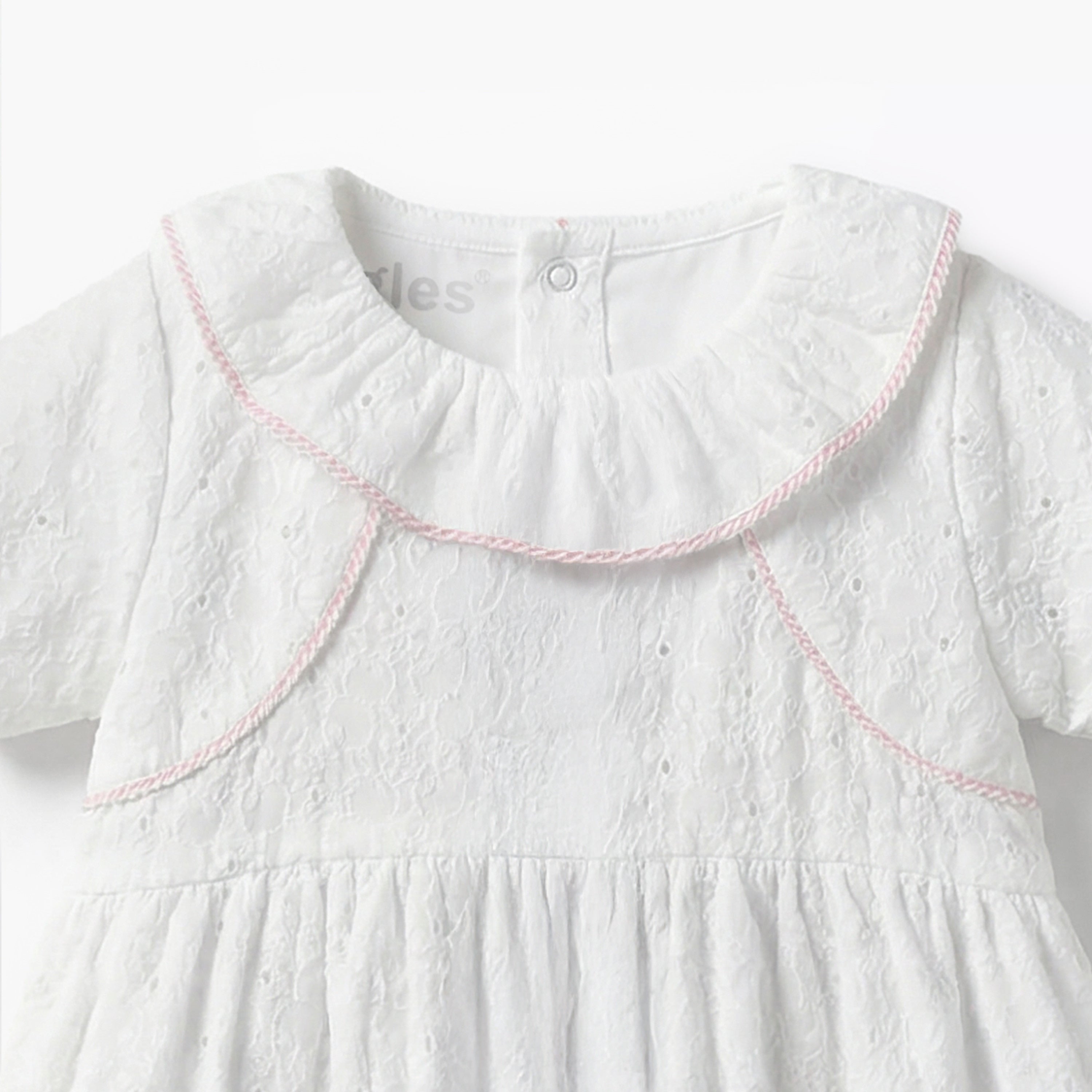 Giggles Ruffle Collar Short Sleeves Romper with Embroidery Detail