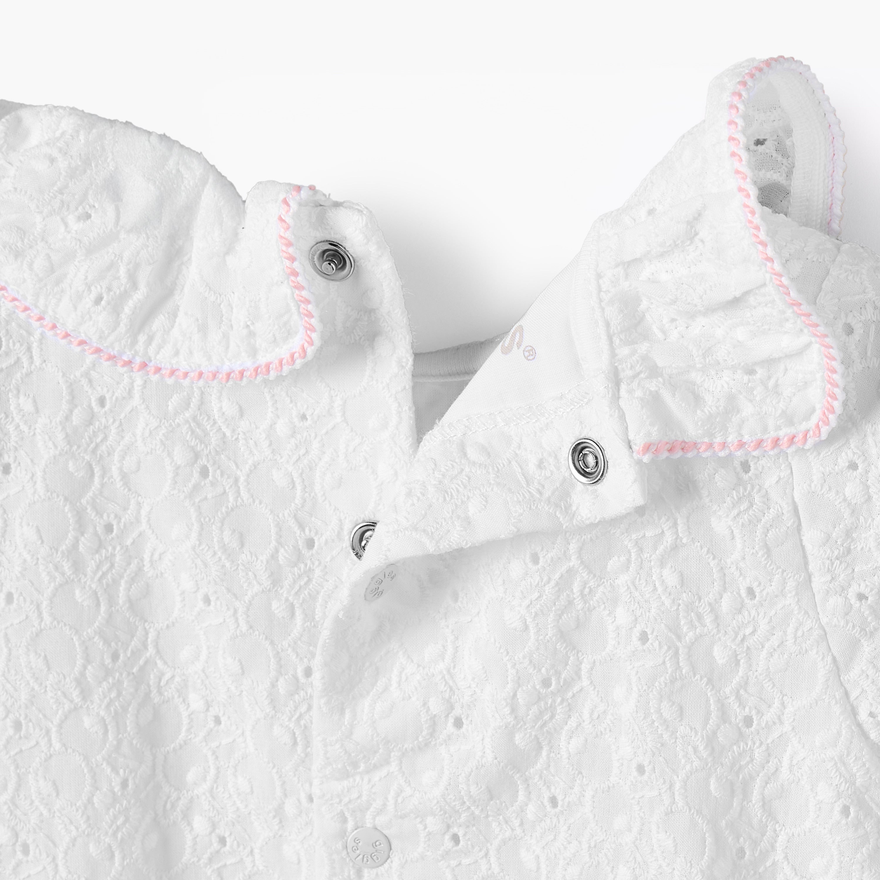 Giggles Ruffle Collar Short Sleeves Romper with Embroidery Detail