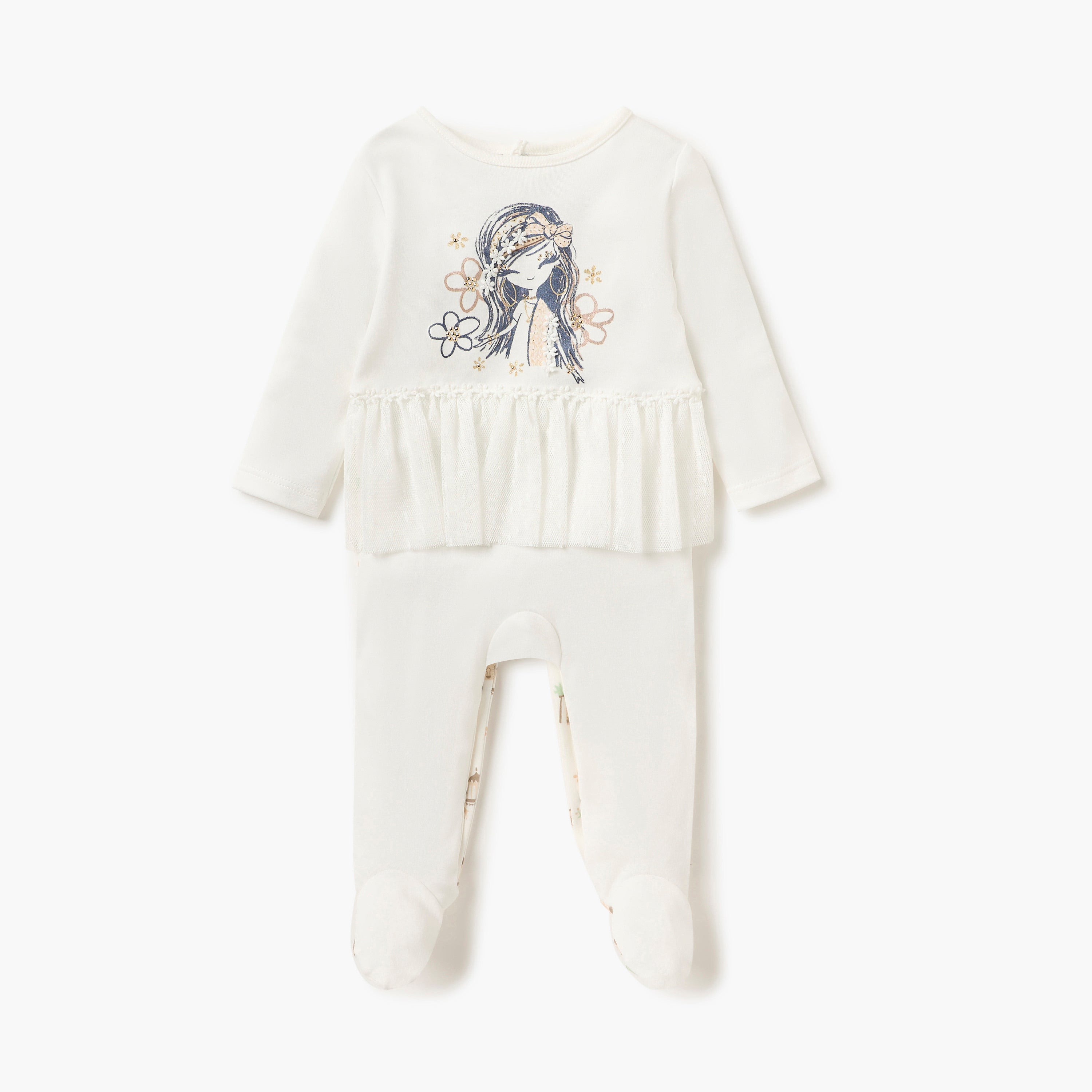 Juniors Printed Closed Feet Sleepsuit with Button Closure and Long Sleeves - Cream / 12-18 mths