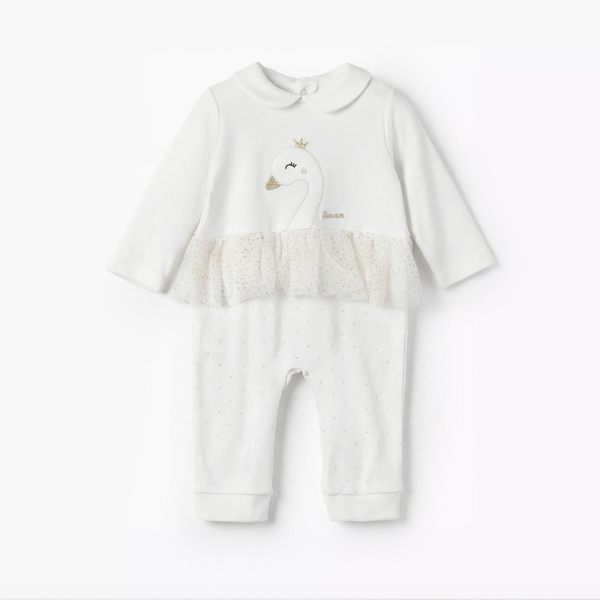 Giggles Cotton Peter Pan Collar Long Sleeves Sleepsuit with Swan Embroidery