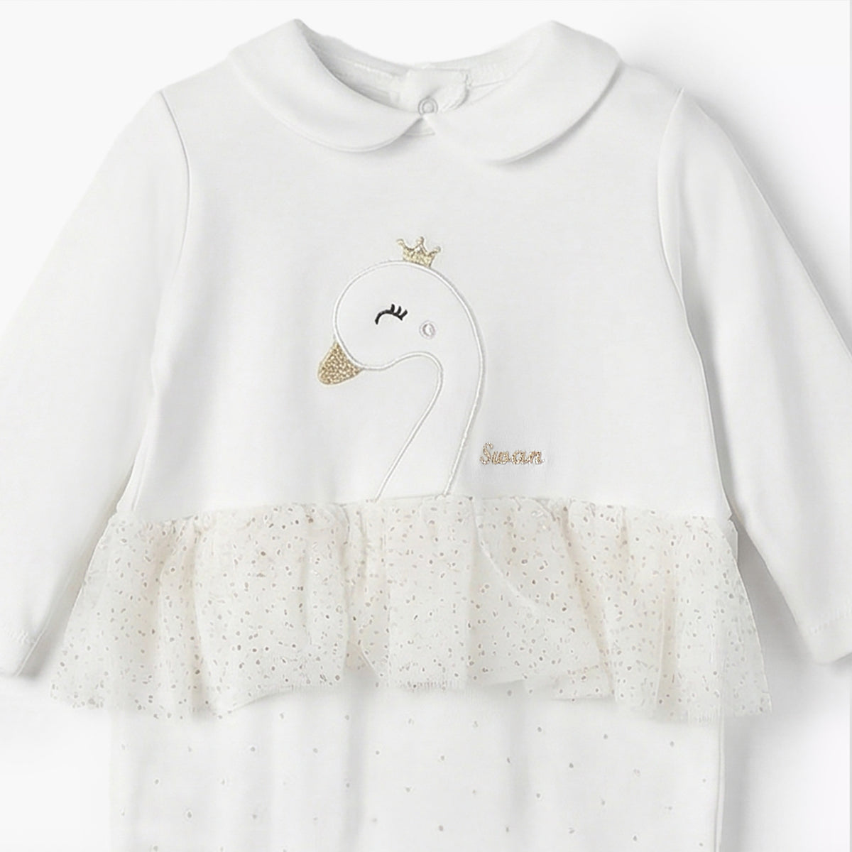 Giggles Cotton Peter Pan Collar Long Sleeves Sleepsuit with Swan Embroidery
