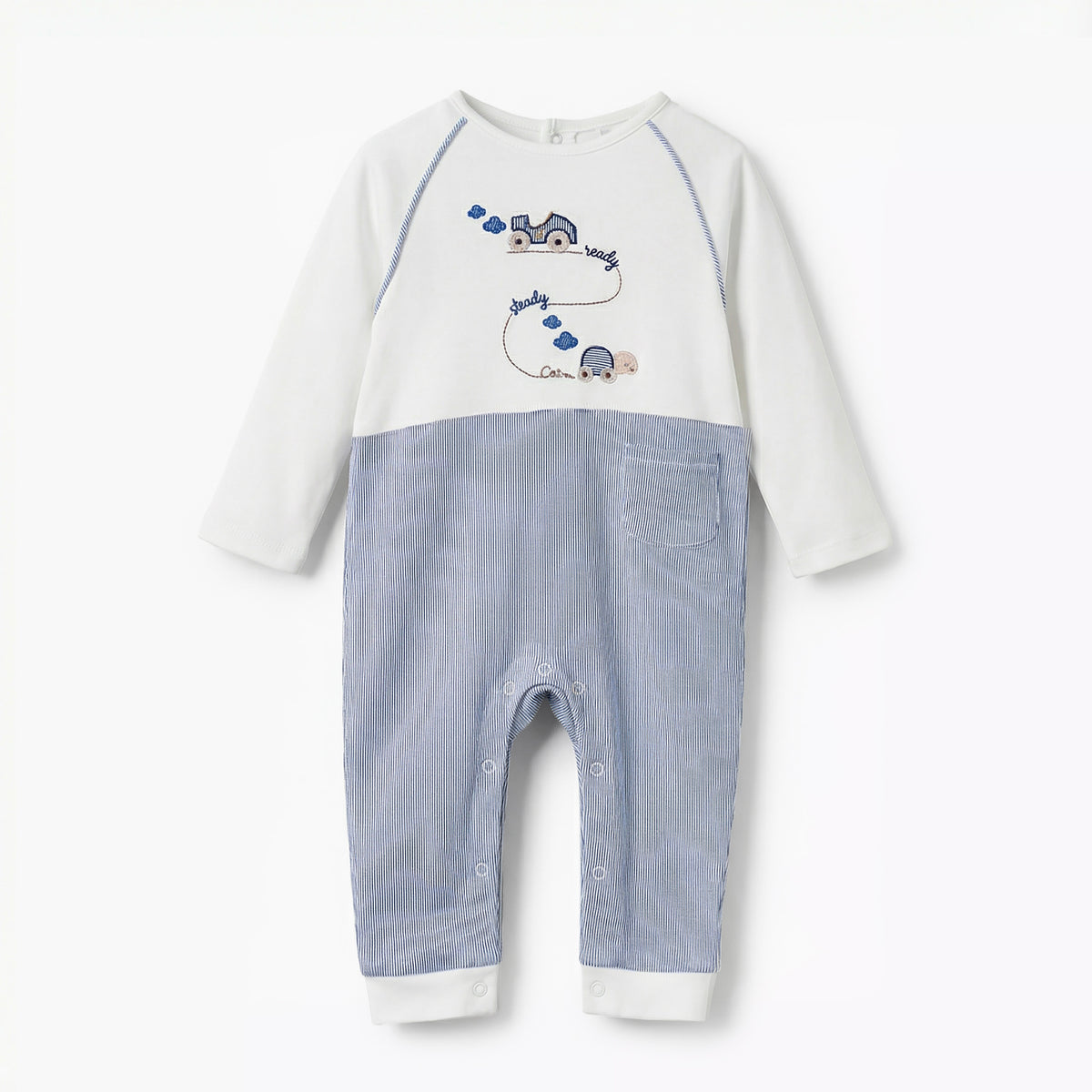 Giggles Cotton Round Neck Long Sleeves Sleepsuit with Car Embroidery