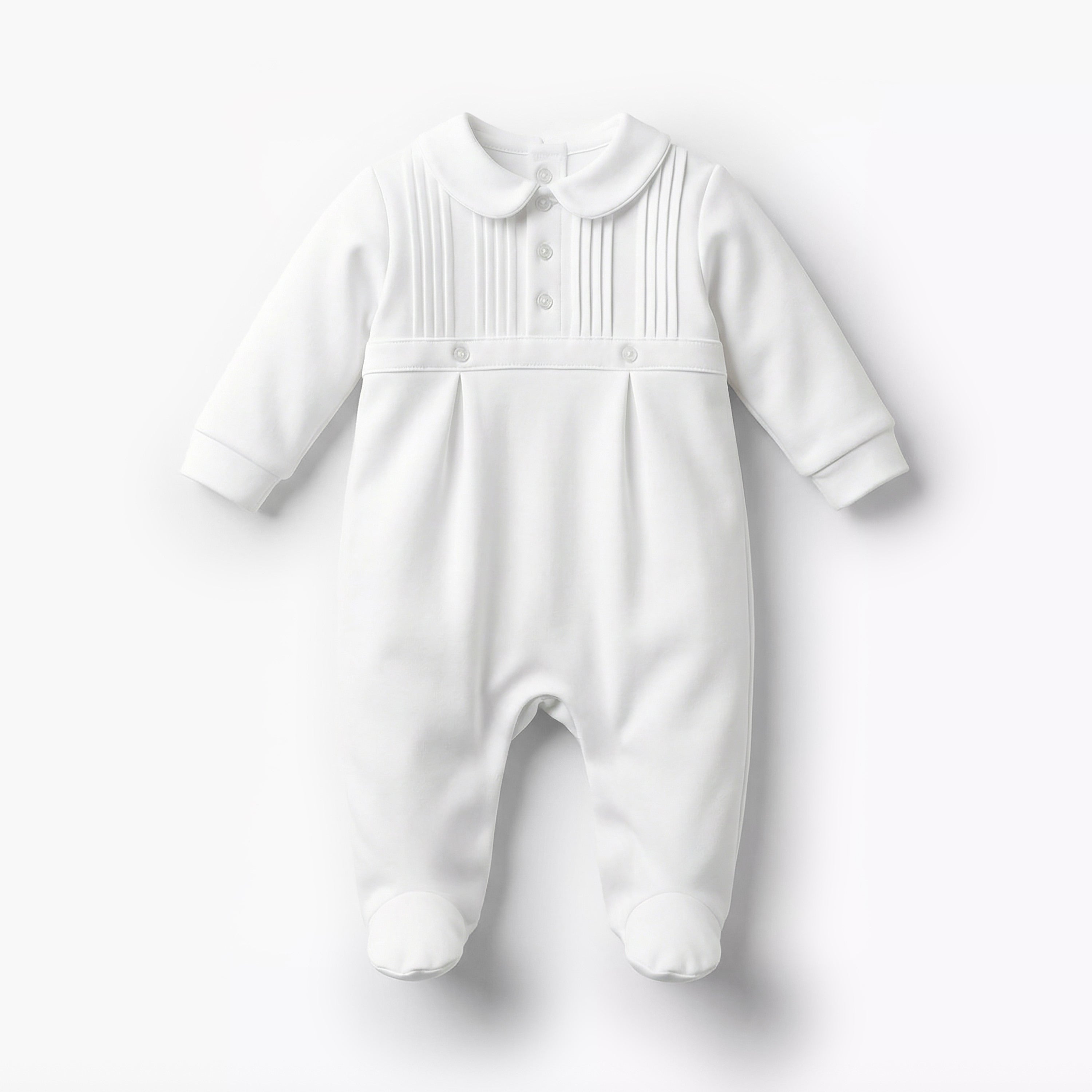 Giggles Cotton Peter Pan Collar Long Sleeves Sleepsuit with Pleated Detail - White / 12-18 mths