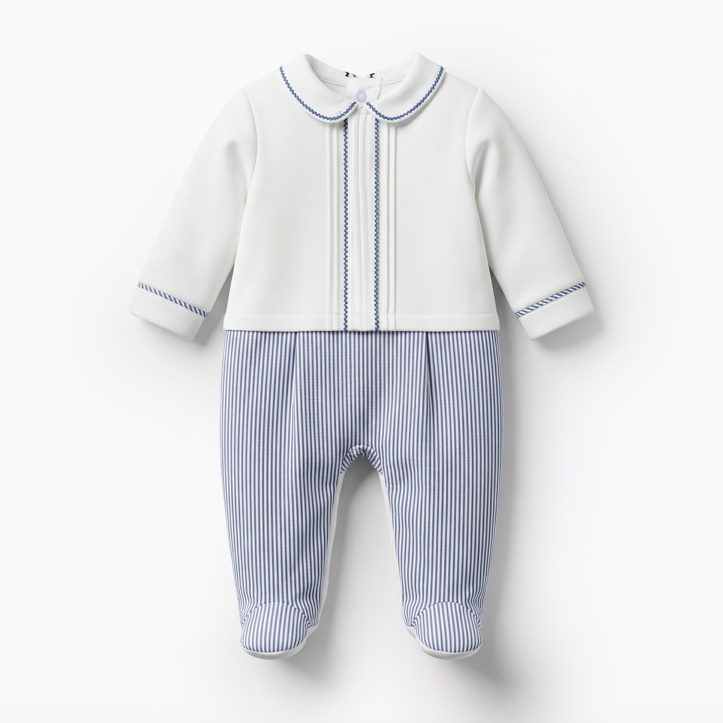Giggles Cotton Collared Long Sleeves Sleepsuit with Pinstripe Print - White / 12-18 mths