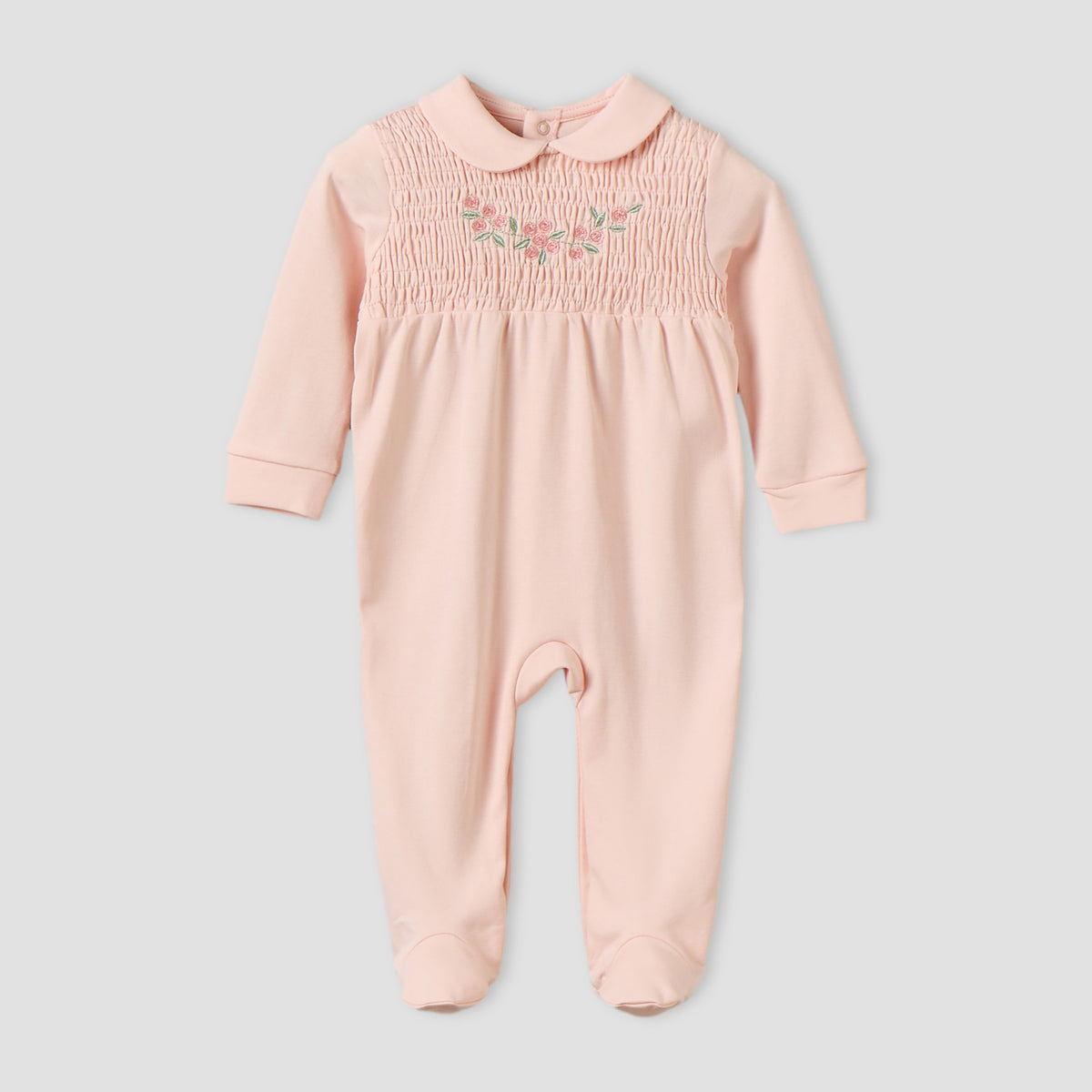 Giggles Supima Cotton Peter Pan Collar Long Sleeves Sleepsuit with Floral Embroidery