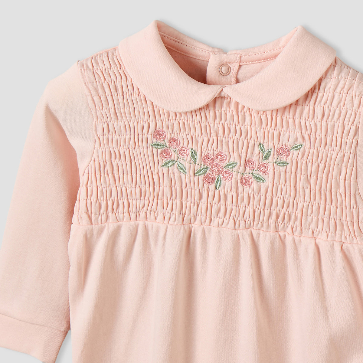 Giggles Supima Cotton Peter Pan Collar Long Sleeves Sleepsuit with Floral Embroidery