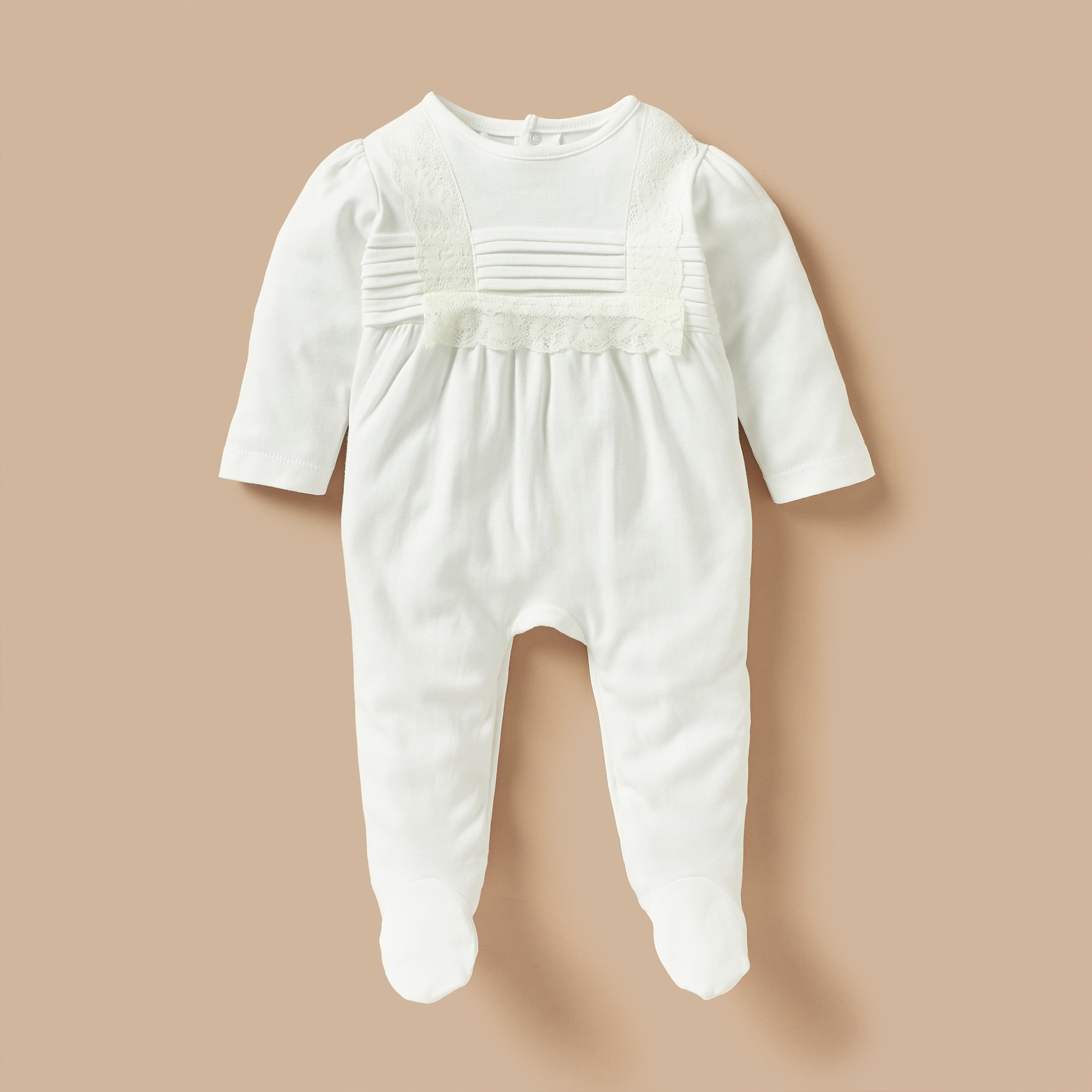 Giggles Lace Detail Closed Foot Sleepsuit with Long Sleeves and Snap Button Closure - White / 12-18 mths