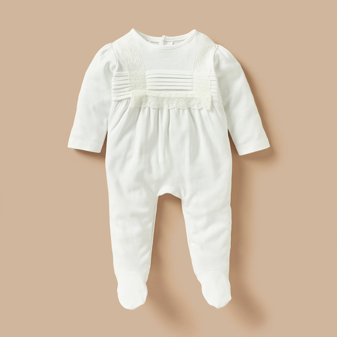 Giggles Lace Detail Closed Foot Sleepsuit with Long Sleeves and Snap Button Closure - White / 12-18 mths