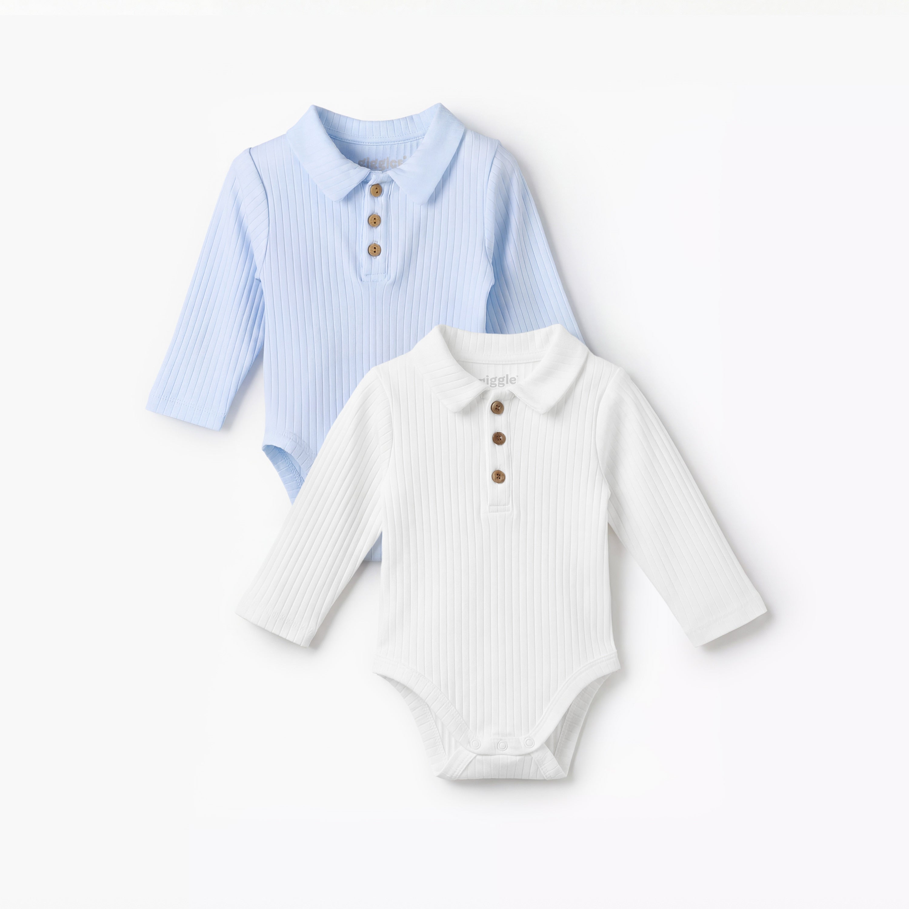 Pack of 2 Giggles Collared Long Sleeve Bodysuit with Snap Button Closure - Multicolour / 12-18 mths