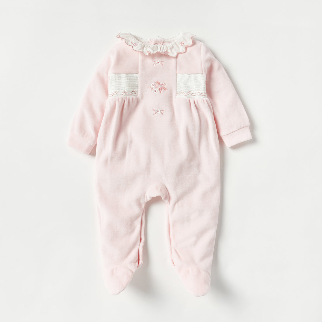 Giggles Embroidered Sleepsuit with Ruffle Collar and Smock Detail