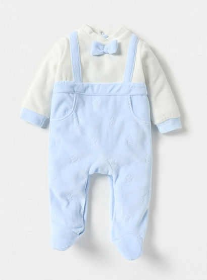 Giggles Star Textured Closed Feet Sleepsuit with Bow Detail and Button Closure-baby-boys-clothing-nightwear-sleepsuits-image-1