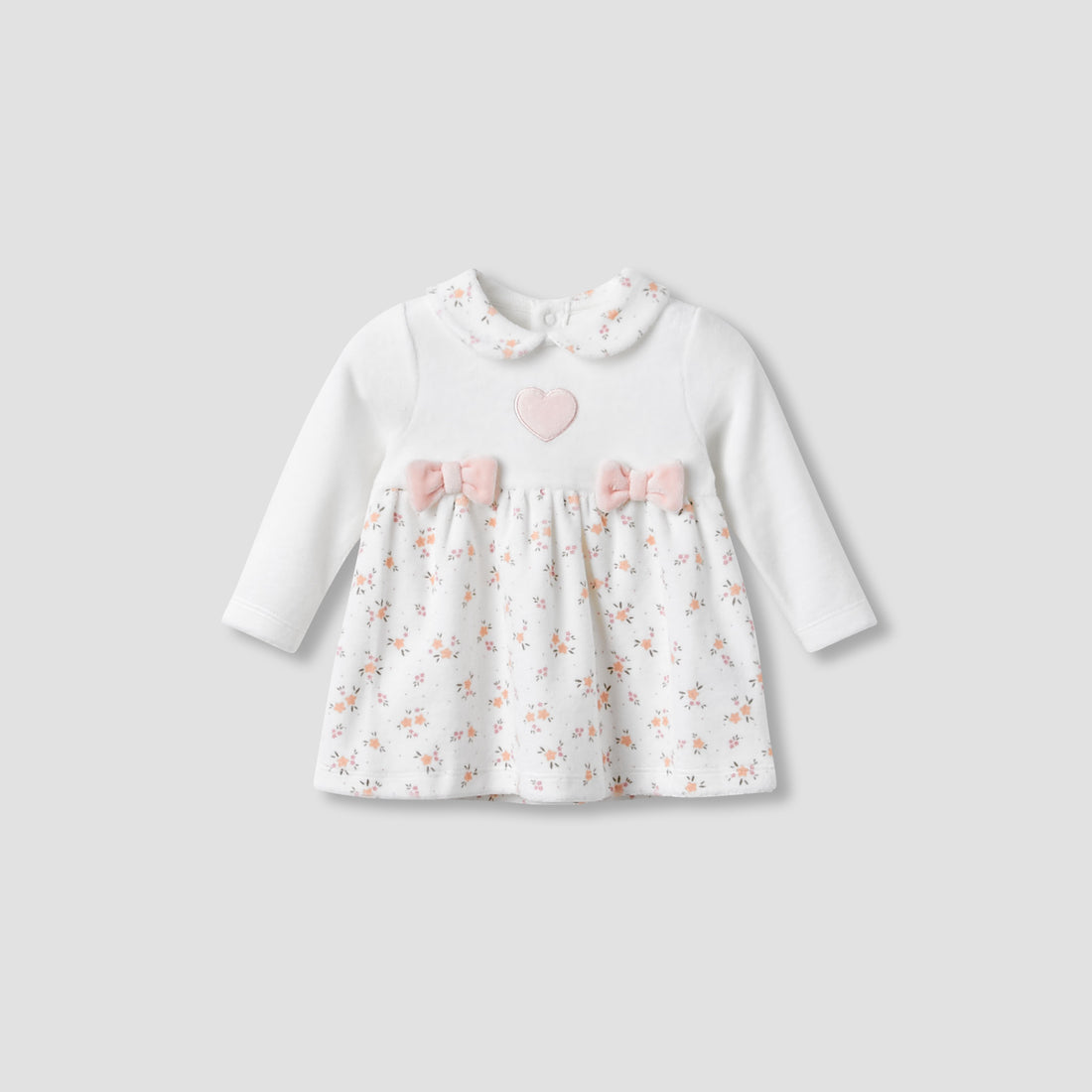 Juniors Girls A-line Dress with Floral Print - Long Sleeves - Peter Pan Collar - White / 9-12 mths
