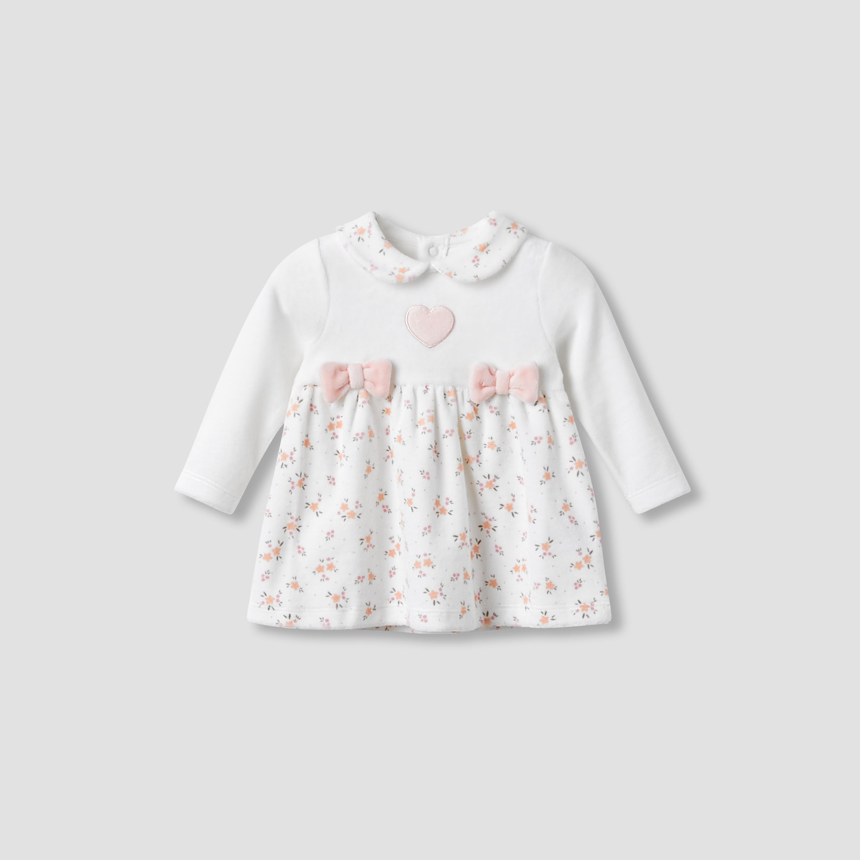 Juniors Girls A-line Dress with Floral Print - Long Sleeves - Peter Pan Collar - White / 9-12 mths