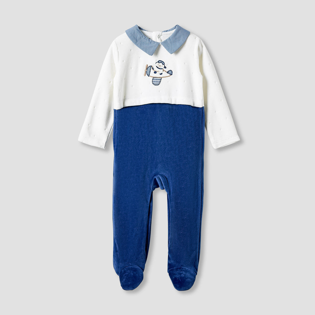 Giggles Collared Sleepsuit with Embroidered Detail - Long Sleeves - Blue / 9-12 mths