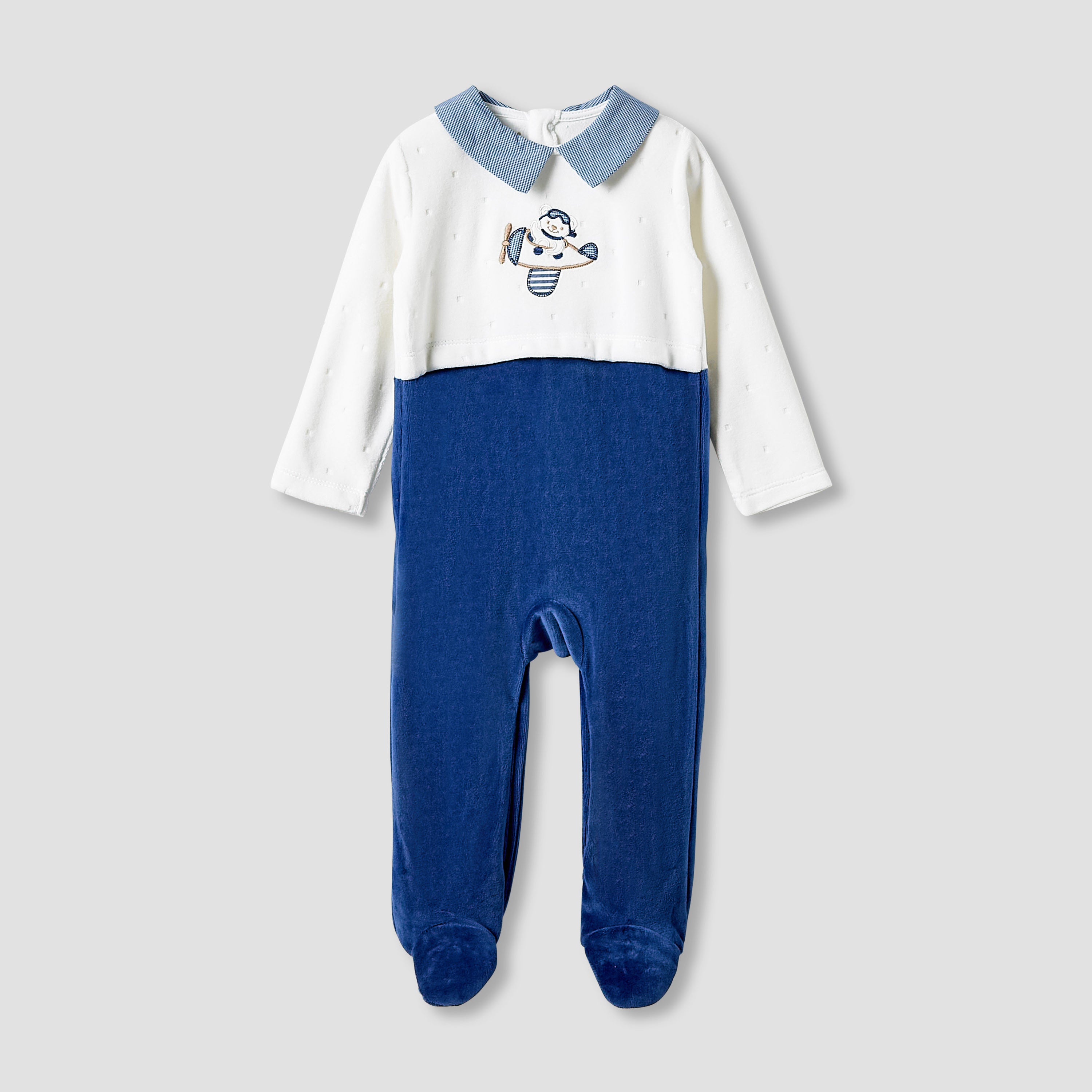 Giggles Collared Sleepsuit with Embroidered Detail - Long Sleeves - Blue / 9-12 mths