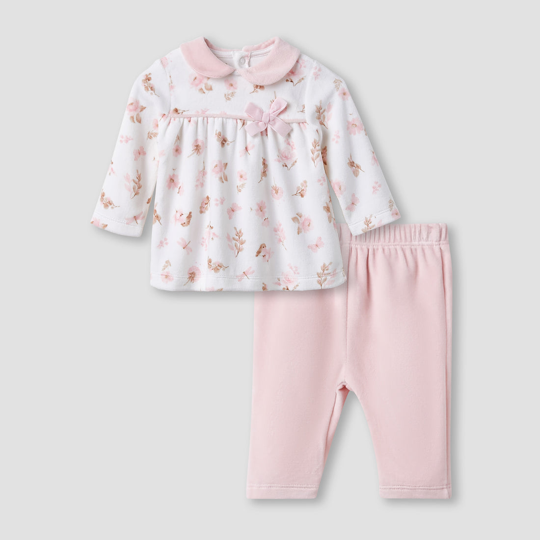 Giggles Pyjama Set with Floral Print - Long Sleeves - Peter Pan Collar - Pink / 9-12 mths