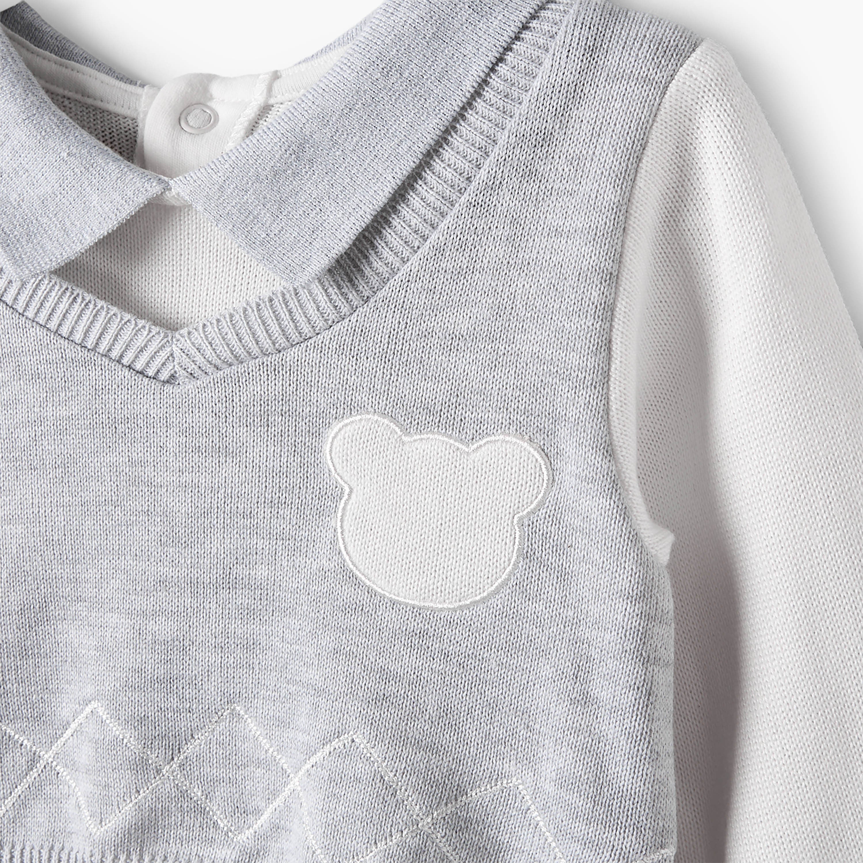 Giggles Collared Sleepsuit with Bear Applique - Cotton - Long Sleeves