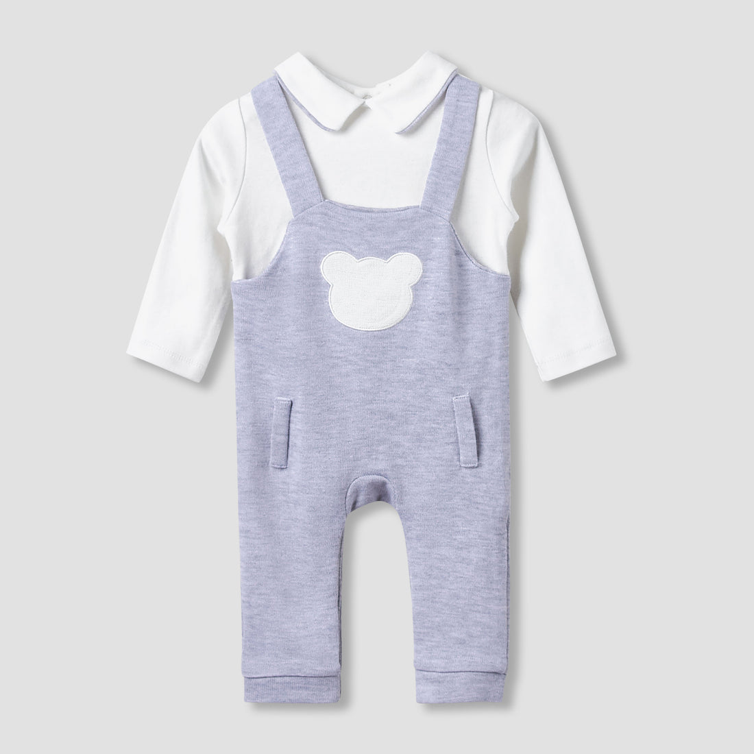 Giggles Collared Sleepsuit with Bear Applique - Cotton - Long Sleeves - Grey / 9-12 mths