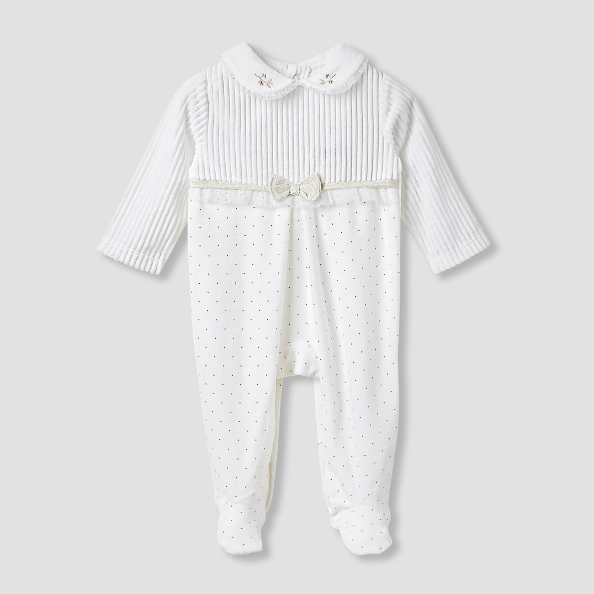 Giggles Collared Closed Foot Sleepsuit with Floral Embroidery - Long Sleeves