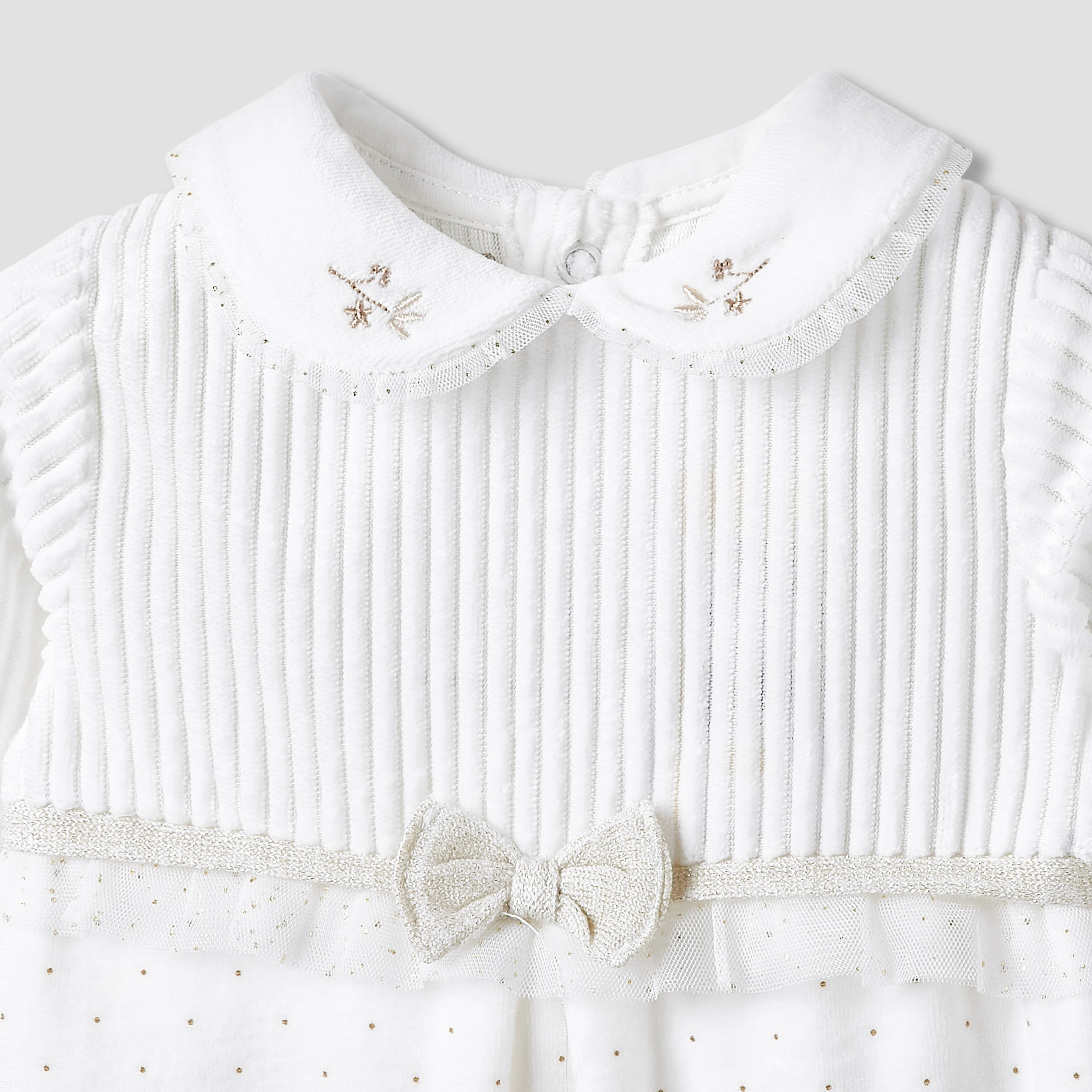 Giggles Collared Closed Foot Sleepsuit with Floral Embroidery - Long Sleeves
