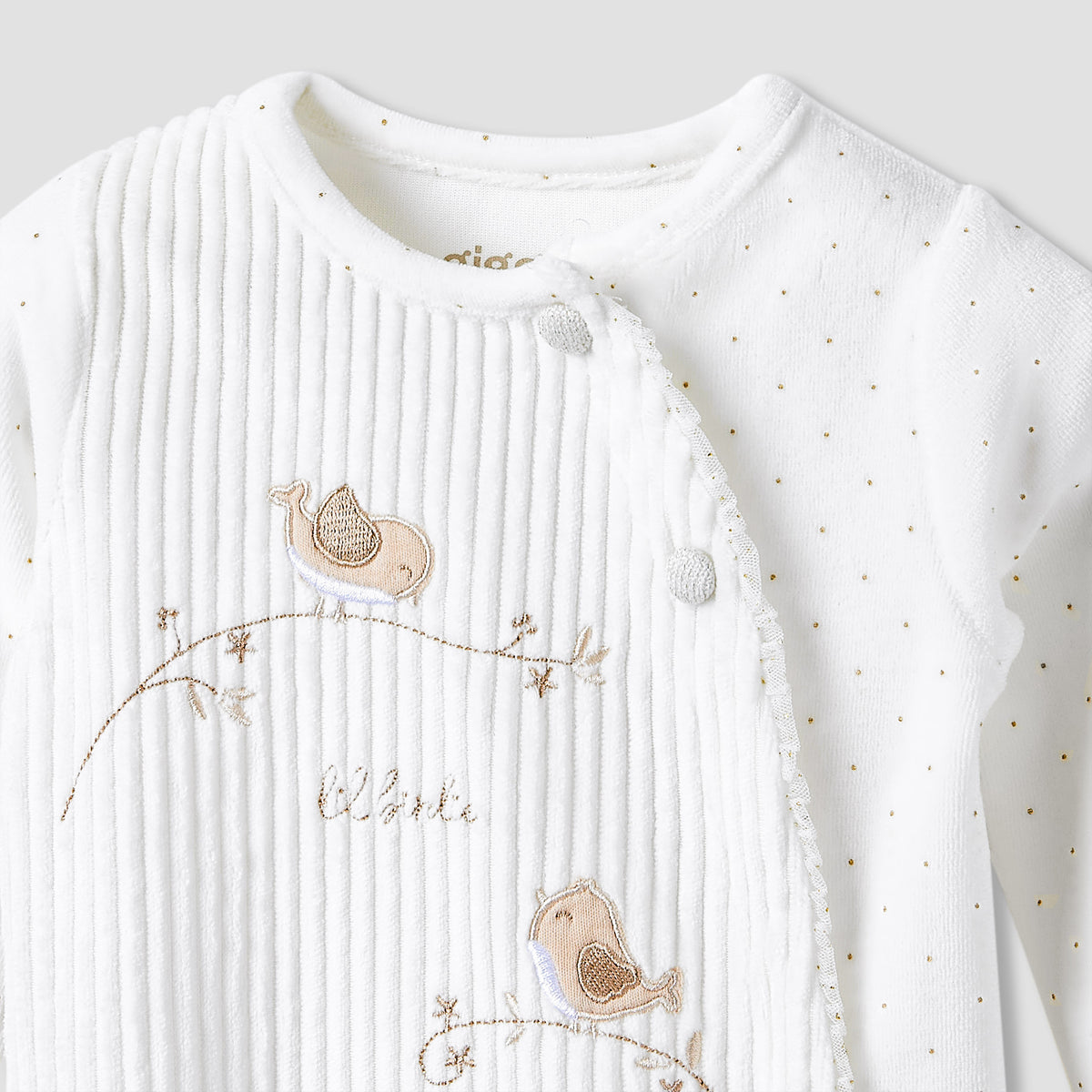 Giggles Round Neck Closed Foot Sleepsuit with Bird Applique - Long Sleeves